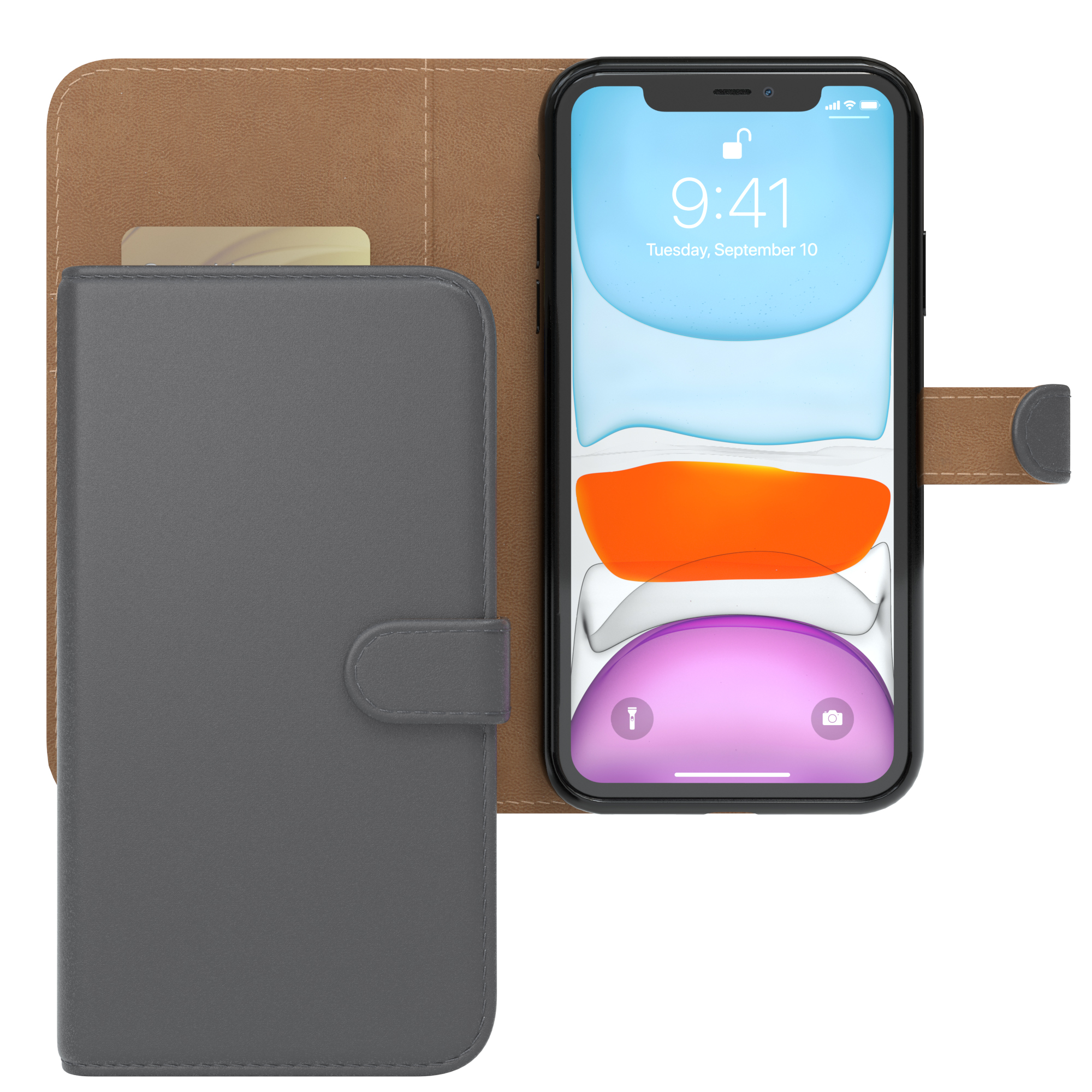 Graue Handyhülle mit Wallet-Design neben einem Telefon, das Symbole und das Datum 10. September anzeigt.