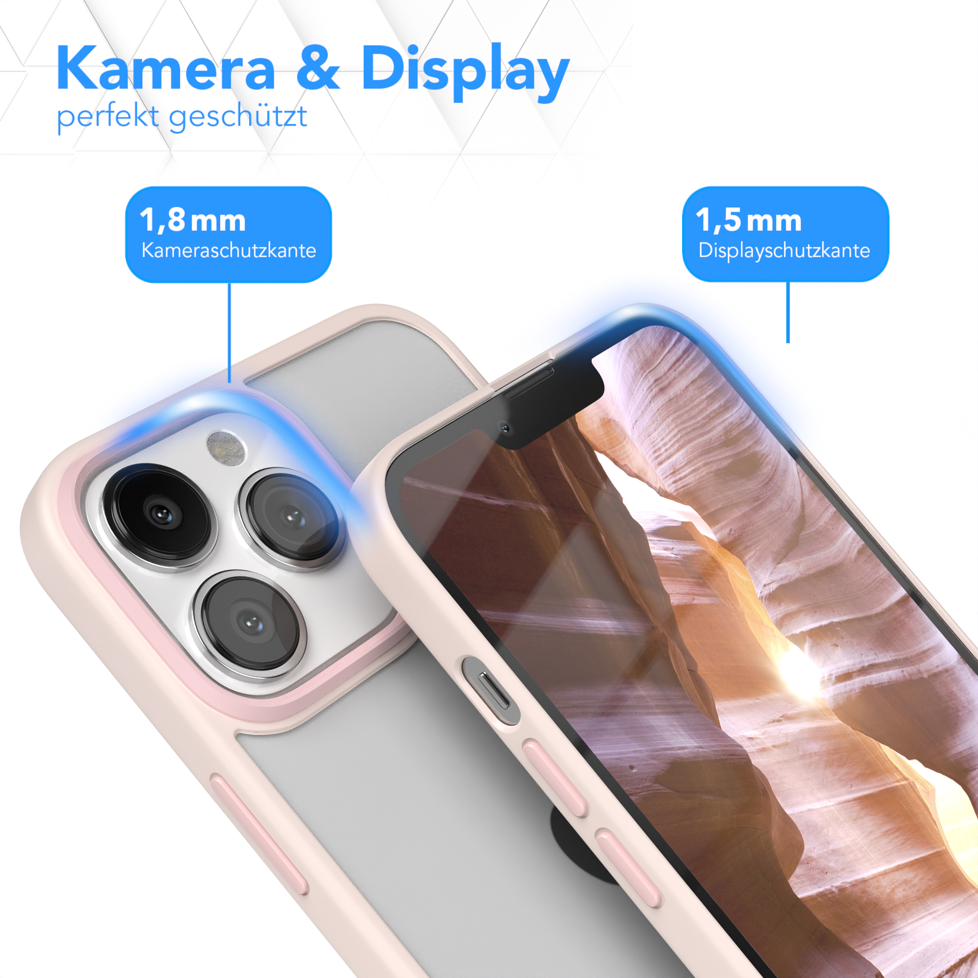 Detailansicht der Handyhülle mit Kamera- und Displayschutz. Klares Telefon mit rosa Rahmen.