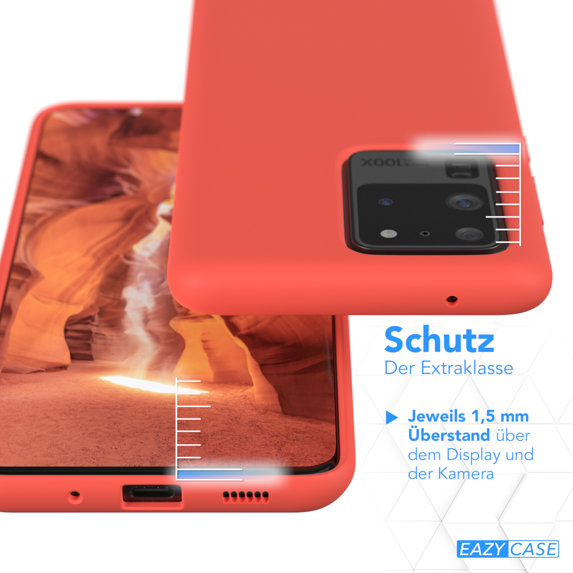 Rote Handyhülle über einem Telefon. Text: Schutz Der Extraklasse. Maße gezeigt. EAZY CASE Logo.