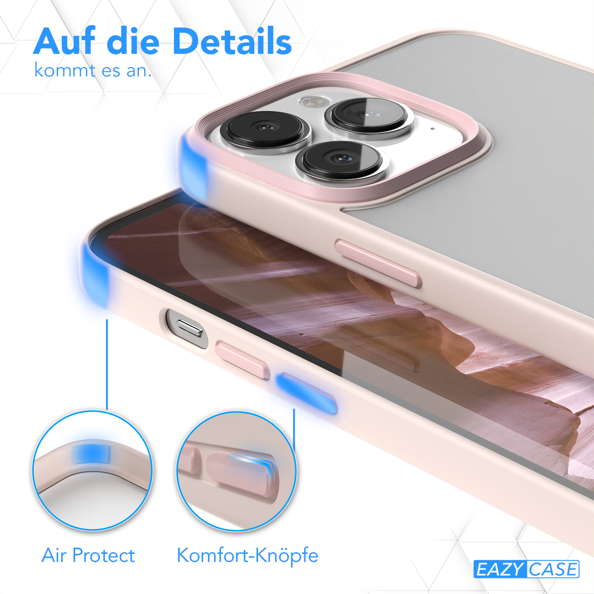 Nahaufnahme einer Handyhülle mit Schutzfunktionen. Text: Luftschutz, Komfortknöpfe.