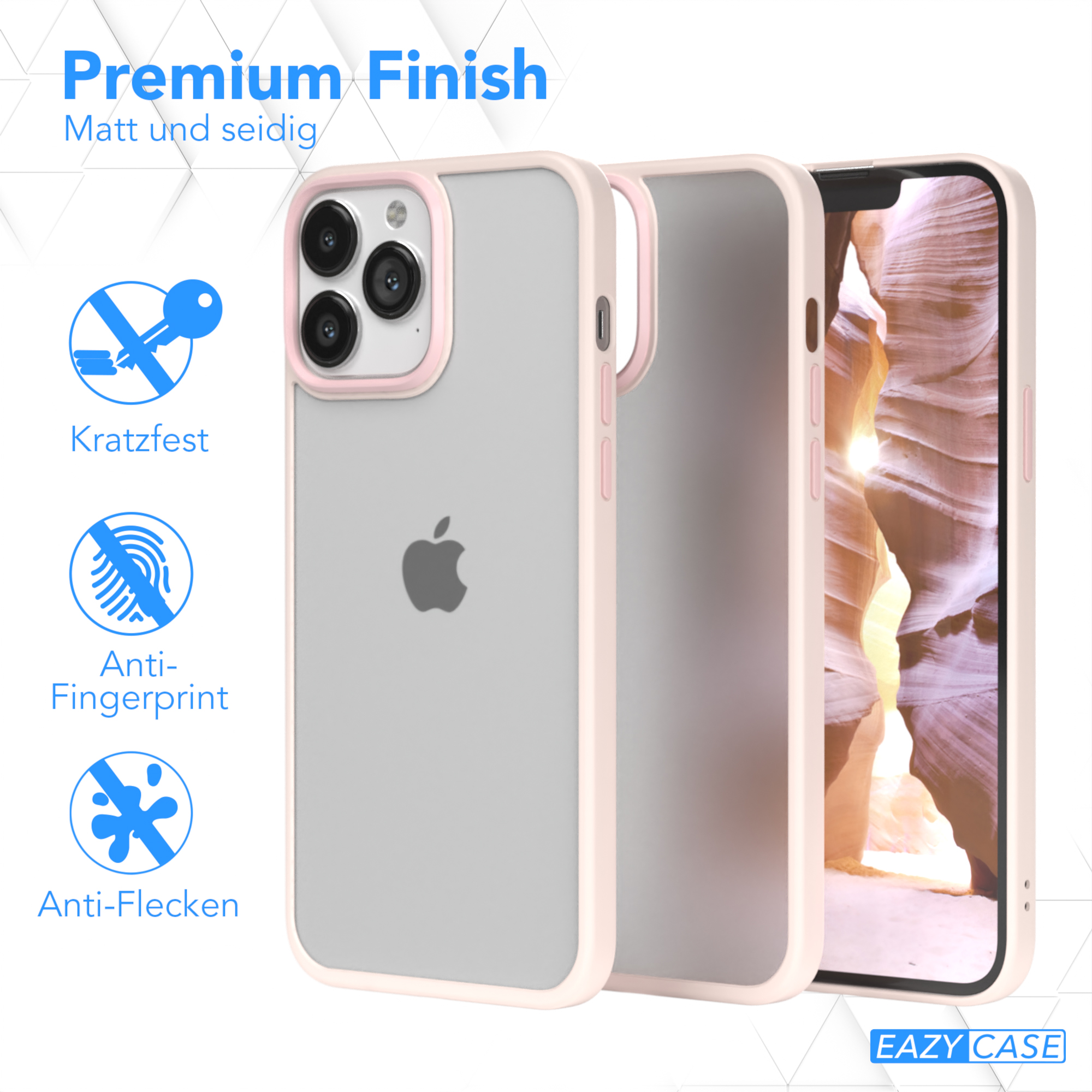 iPhone-Hülle mit rosa Rand. Eigenschaften: kratzfest, Anti-Fingerprint und Anti-Flecken. iPhone innen.