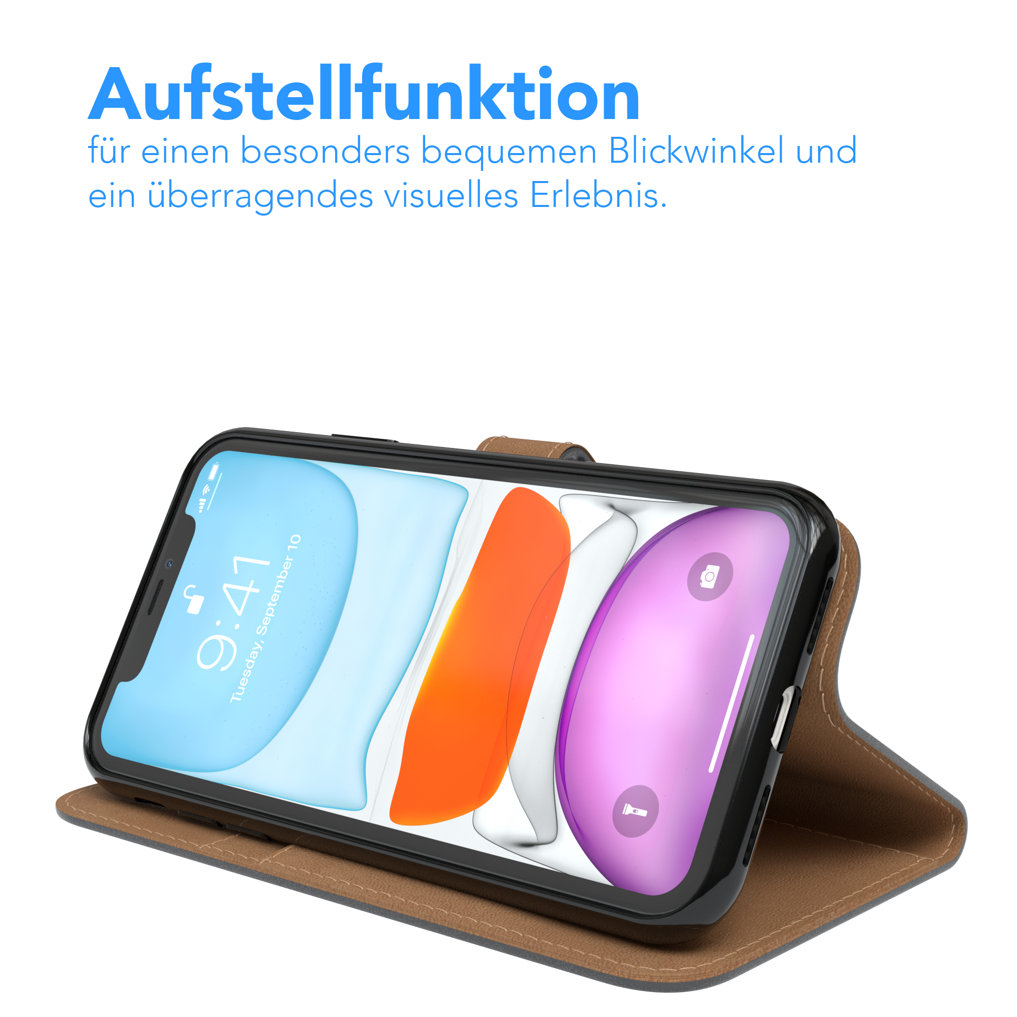 Telefon in einer Hülle mit Aufstellfunktion, abgewinkelt zur Betrachtung.