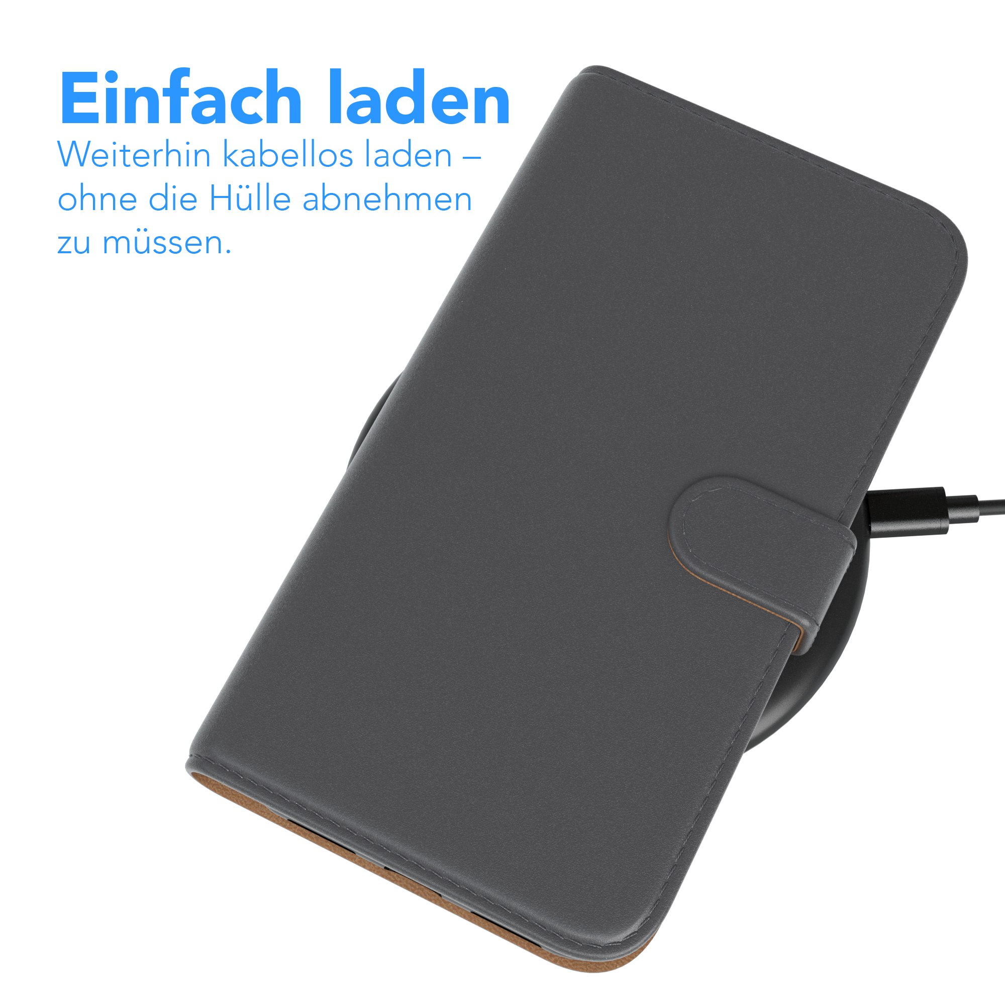 Eine graue Handyhülle auf einem kabellosen Ladegerät. Text: 'Einfaches Laden' und 'Kabelloses Laden, ohne die Hülle zu entfernen'.