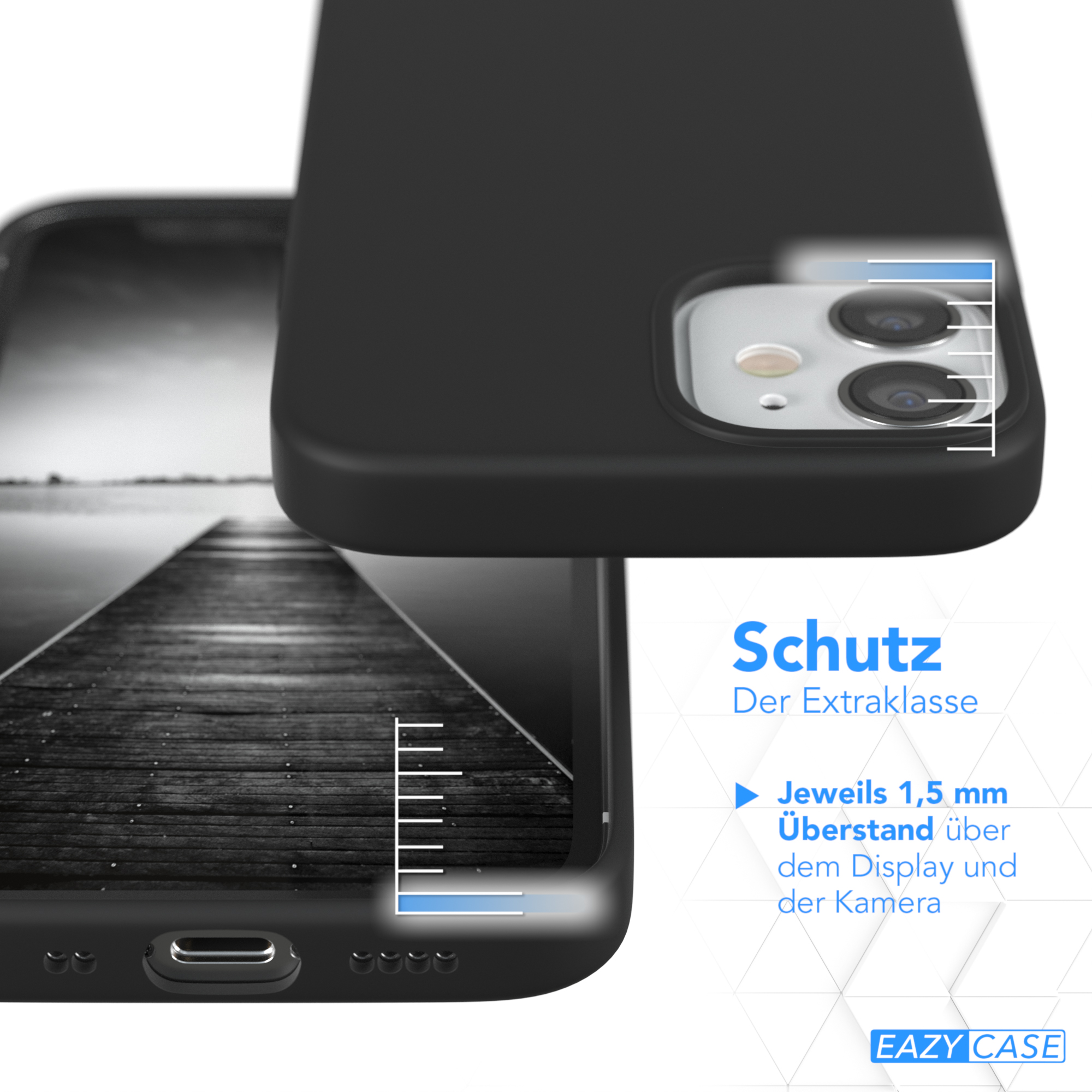 Schwarze Handyhülle auf einem Handy, mit einem hölzernen Dock im Hintergrund, Produktaufnahme.