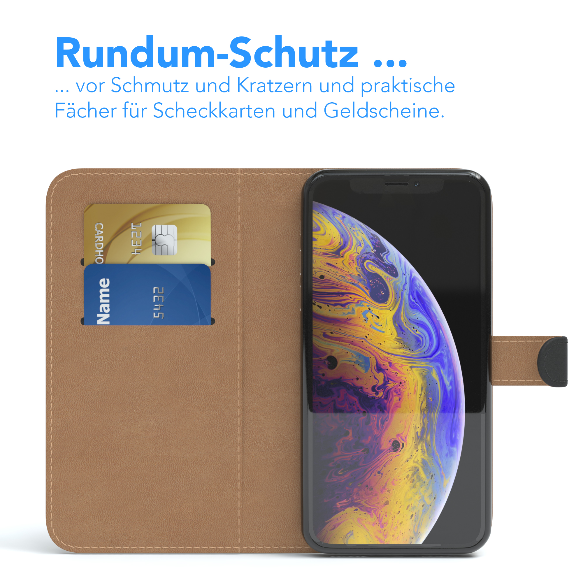 Handyhülle mit Karten, Telefon und brauner Abdeckung.