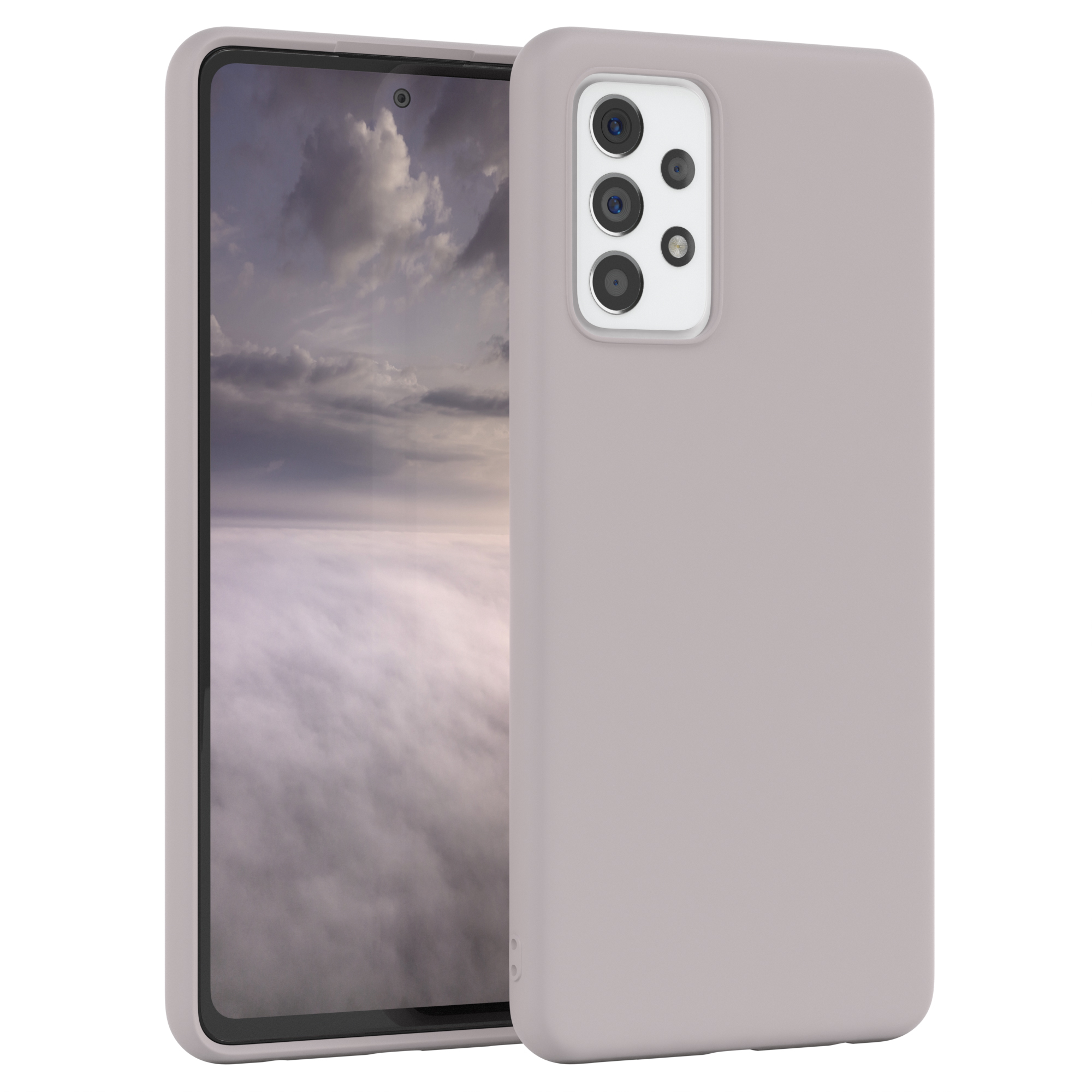 Hellgraue Handyhülle mit Handy, das eine bewölkte Himmelszene zeigt. Rechts die Hülle.
