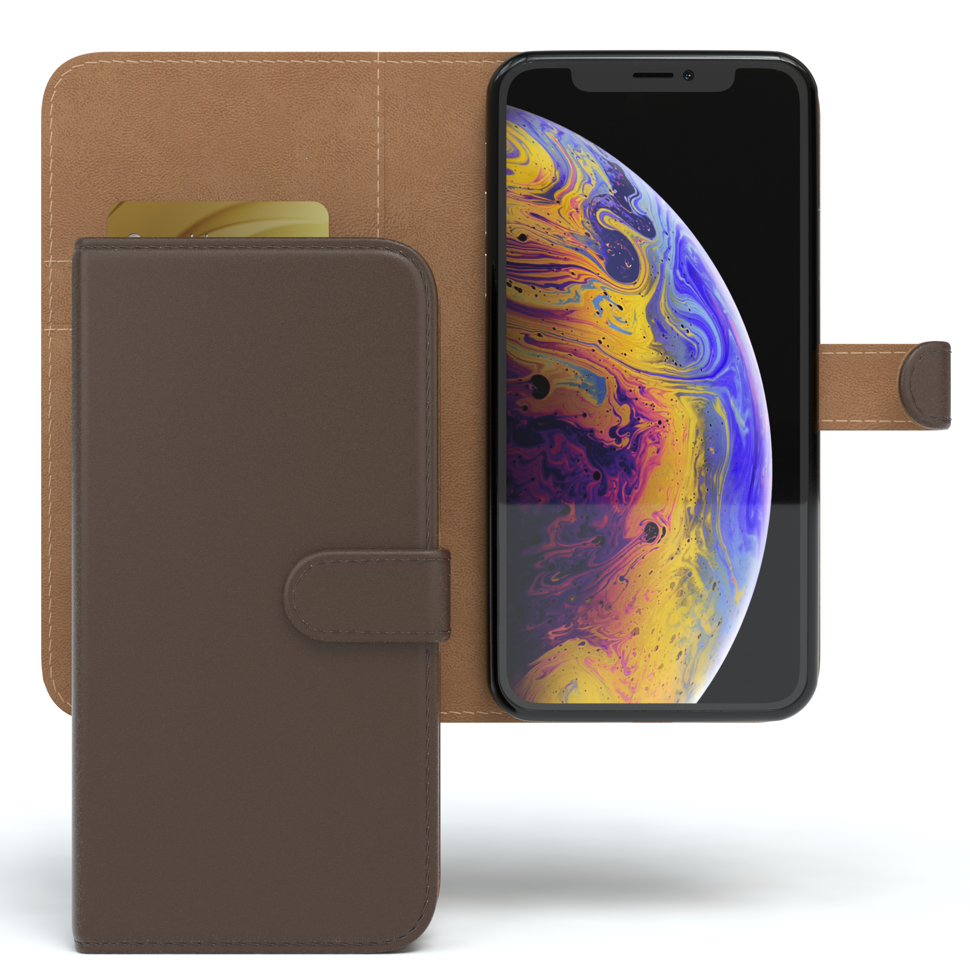 Apple, Kartenfach, XS, mit iPhone X / Braun Bookcover, EAZY CASE Bookstyle Klapphülle