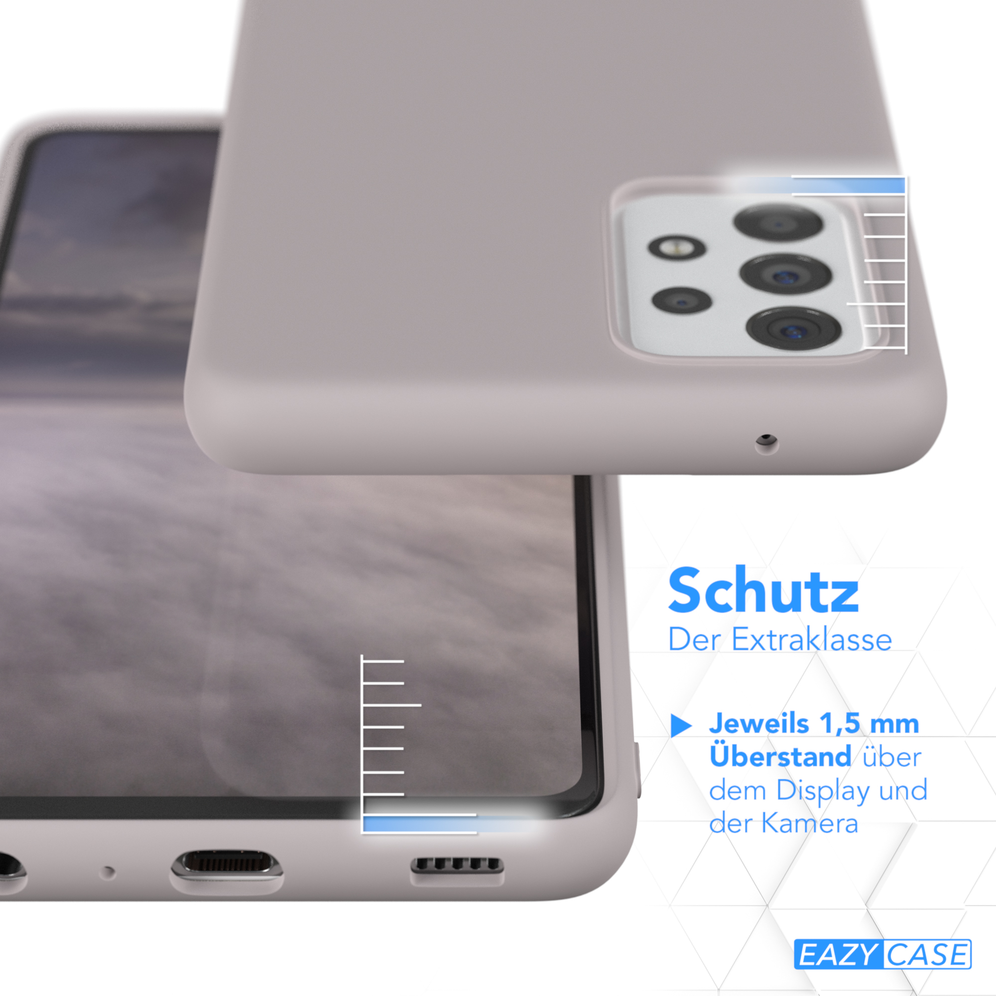 Handyhülle mit Telefon. Graue Hülle mit Schutzbeschreibung.