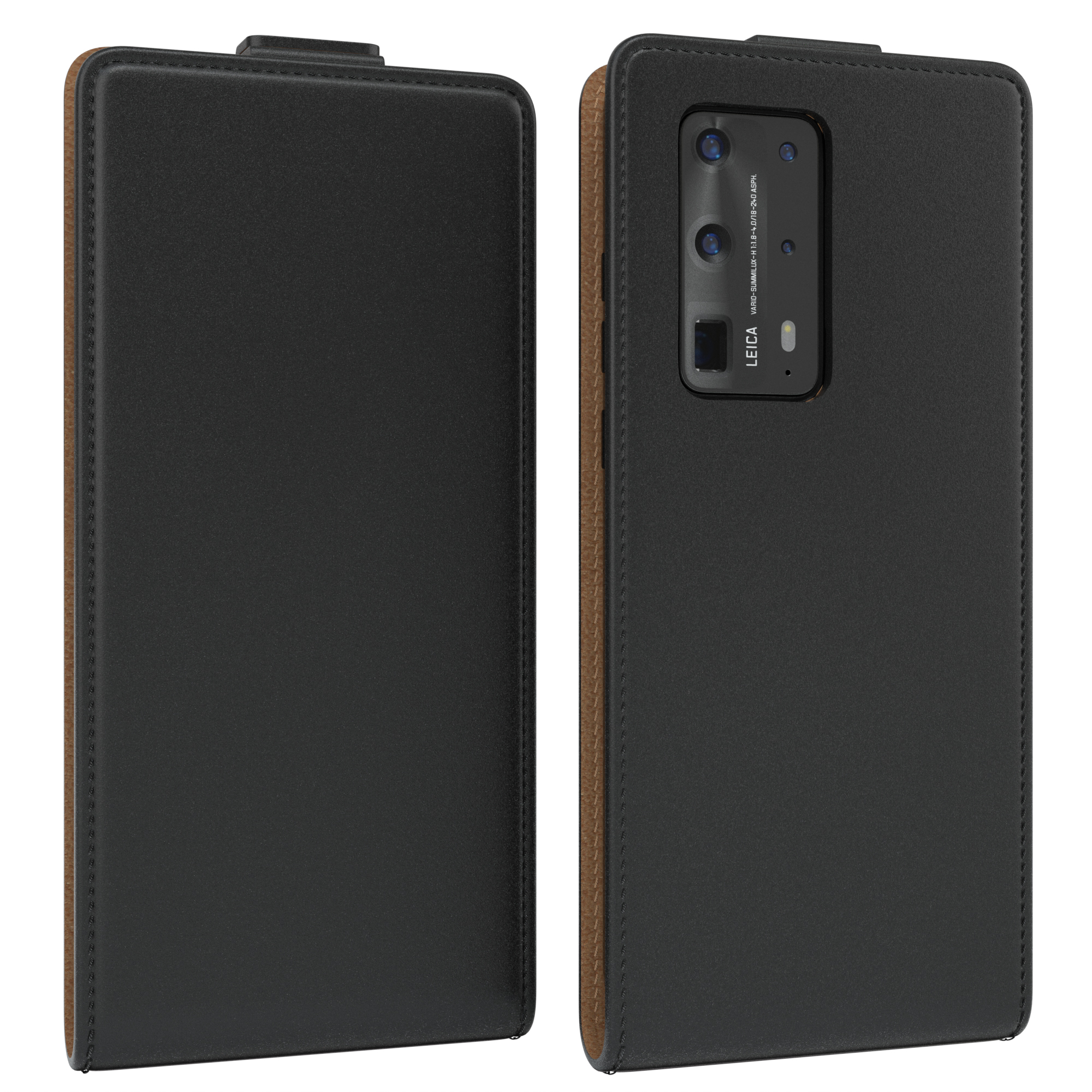 Zweiteilige Handyhülle, schwarzes Äußeres mit braunem Inneren, mit Telefon darin.