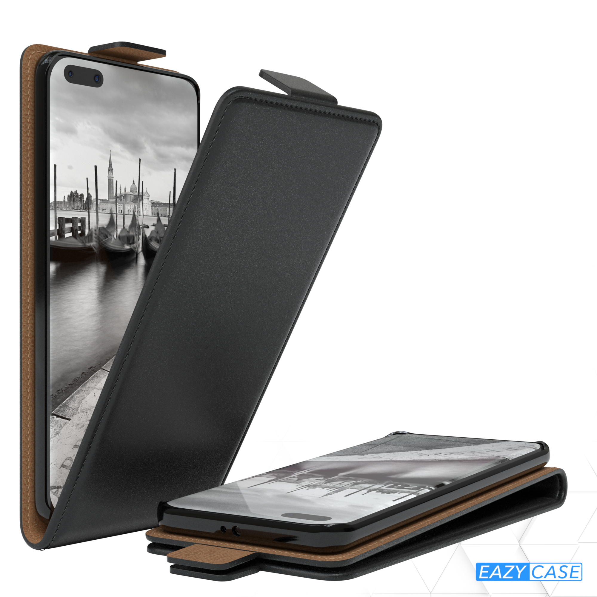 Schwarze Handyhülle mit offenem Deckel, zeigt ein Telefon mit Venedig-Szene. Ein weiteres Telefon offen.
