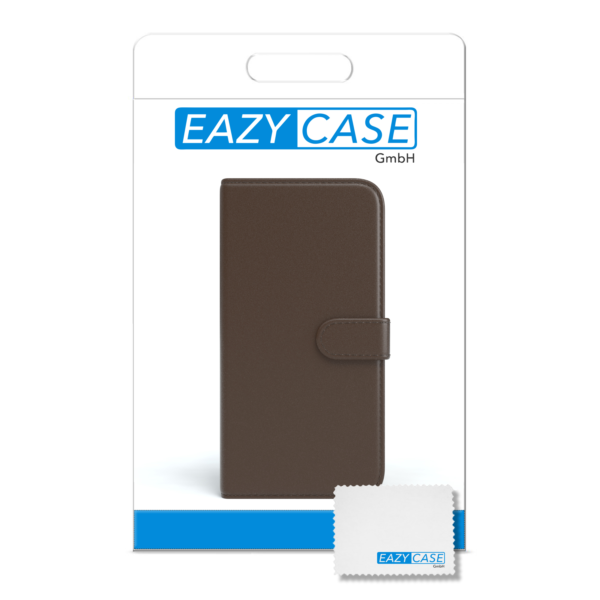 Braune Handyhülle geschlossen. Weißer Hintergrund. Die Marke ist EAZY CASE.