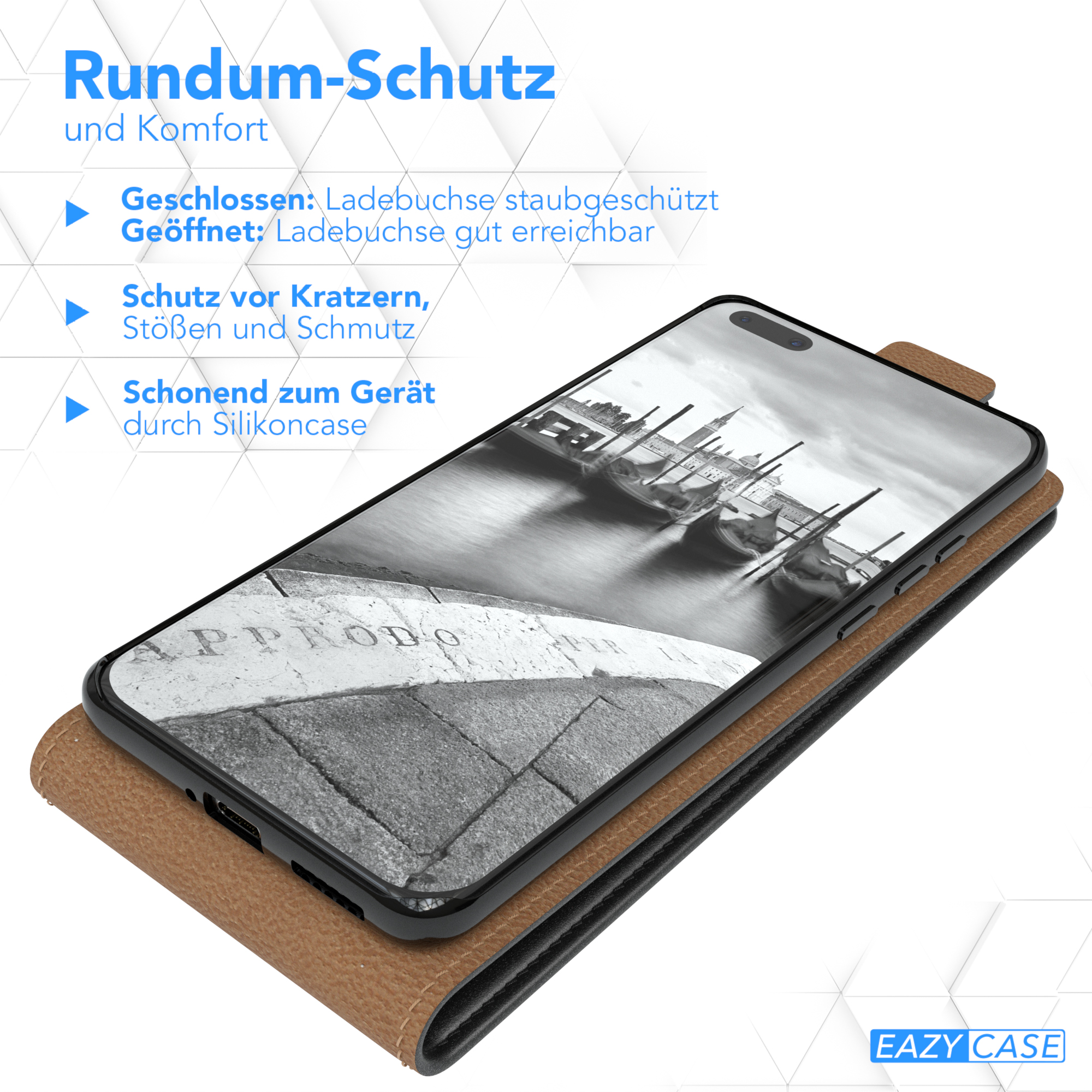 Telefon in einer Hülle mit einem Venedig-Bild auf dem Bildschirm. Text: Rundumschutz.