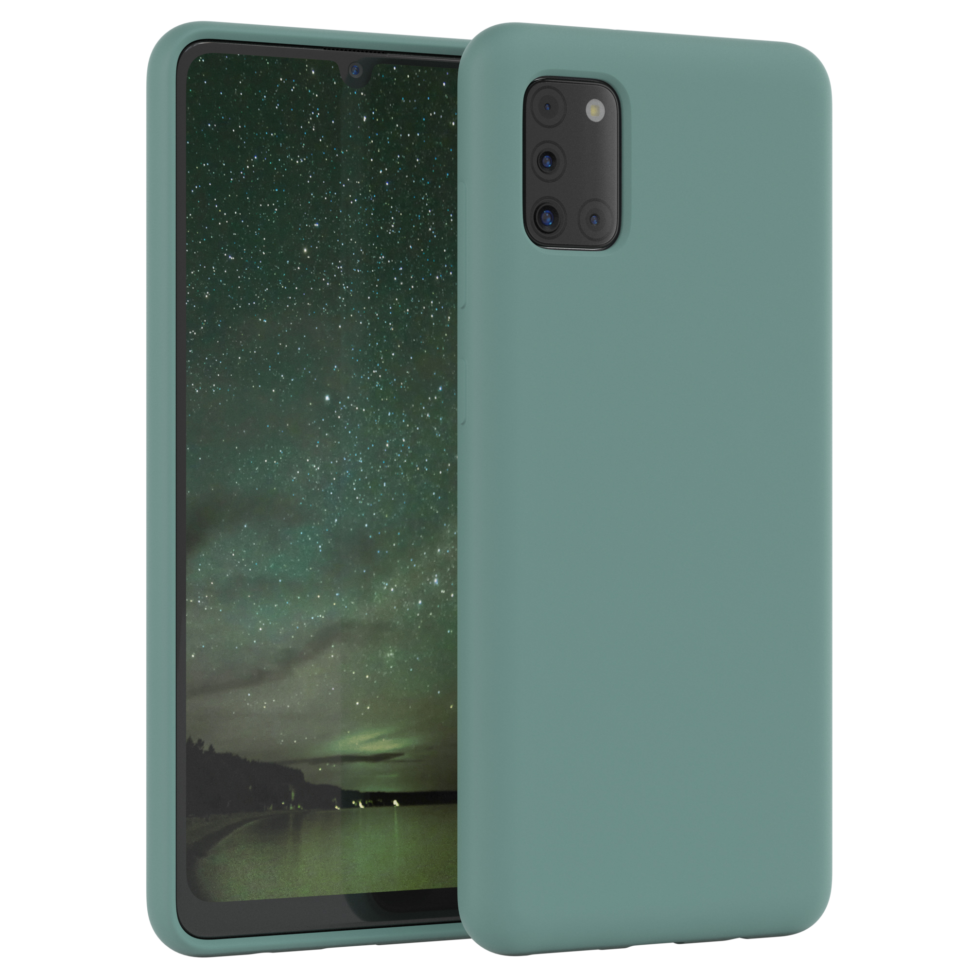 Türkis Handyhülle neben Handy mit Nachtszene mit Wasser und Sternen.