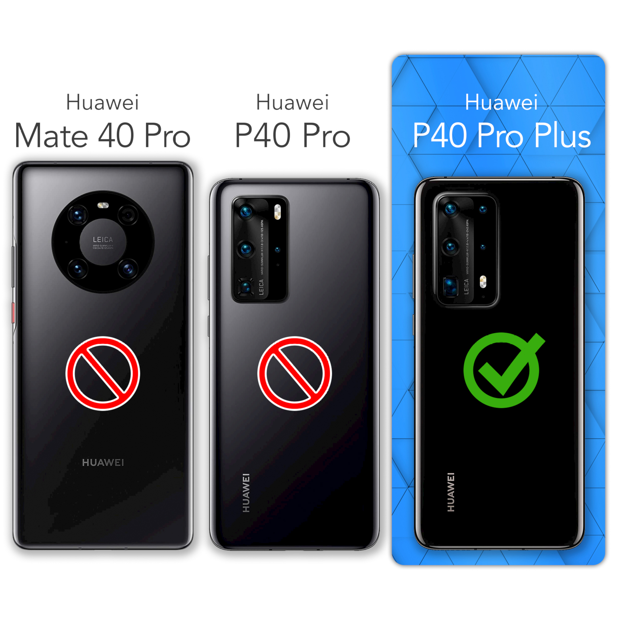 Drei Telefone, Huawei Mate 40 Pro und P40 Pro mit rotem Verbotsschild und P40 Pro Plus mit grünem Häkchen.