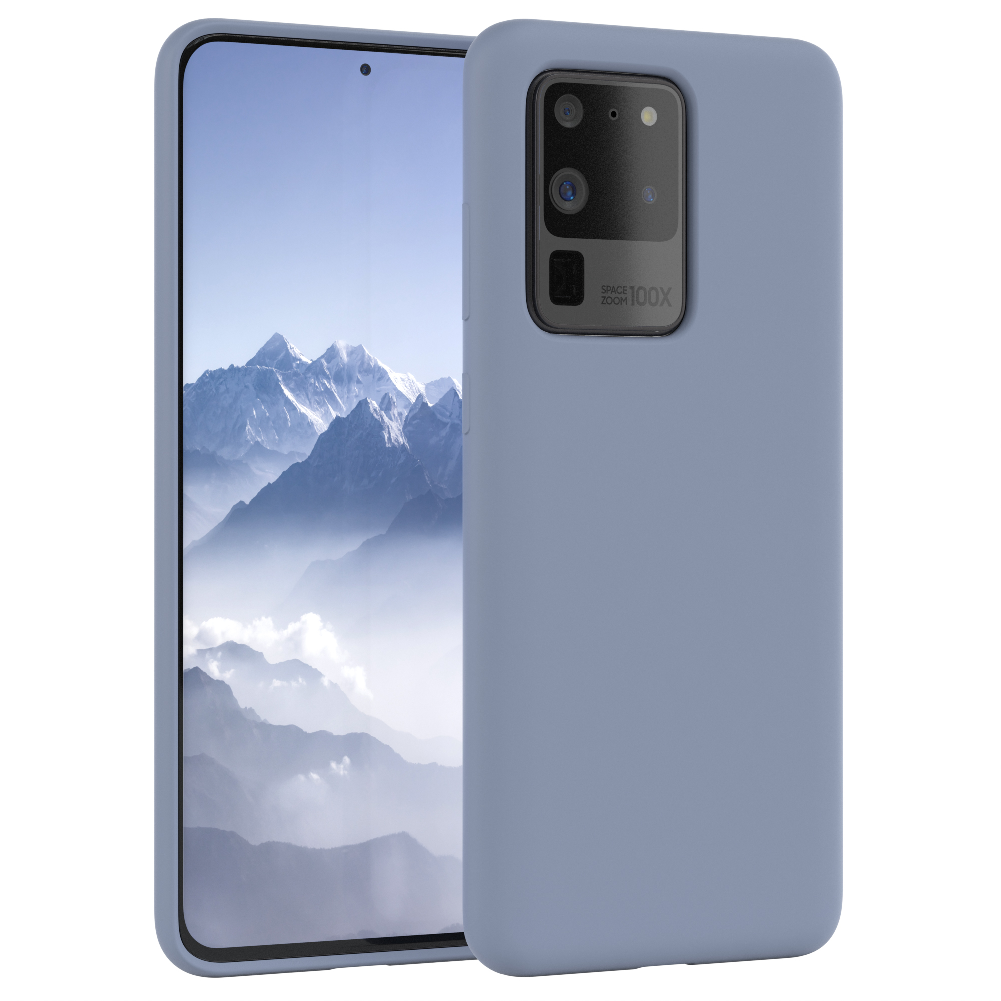 Telefon mit blauer Hülle. Bergansicht auf dem Bildschirm. Rückkamera sichtbar.