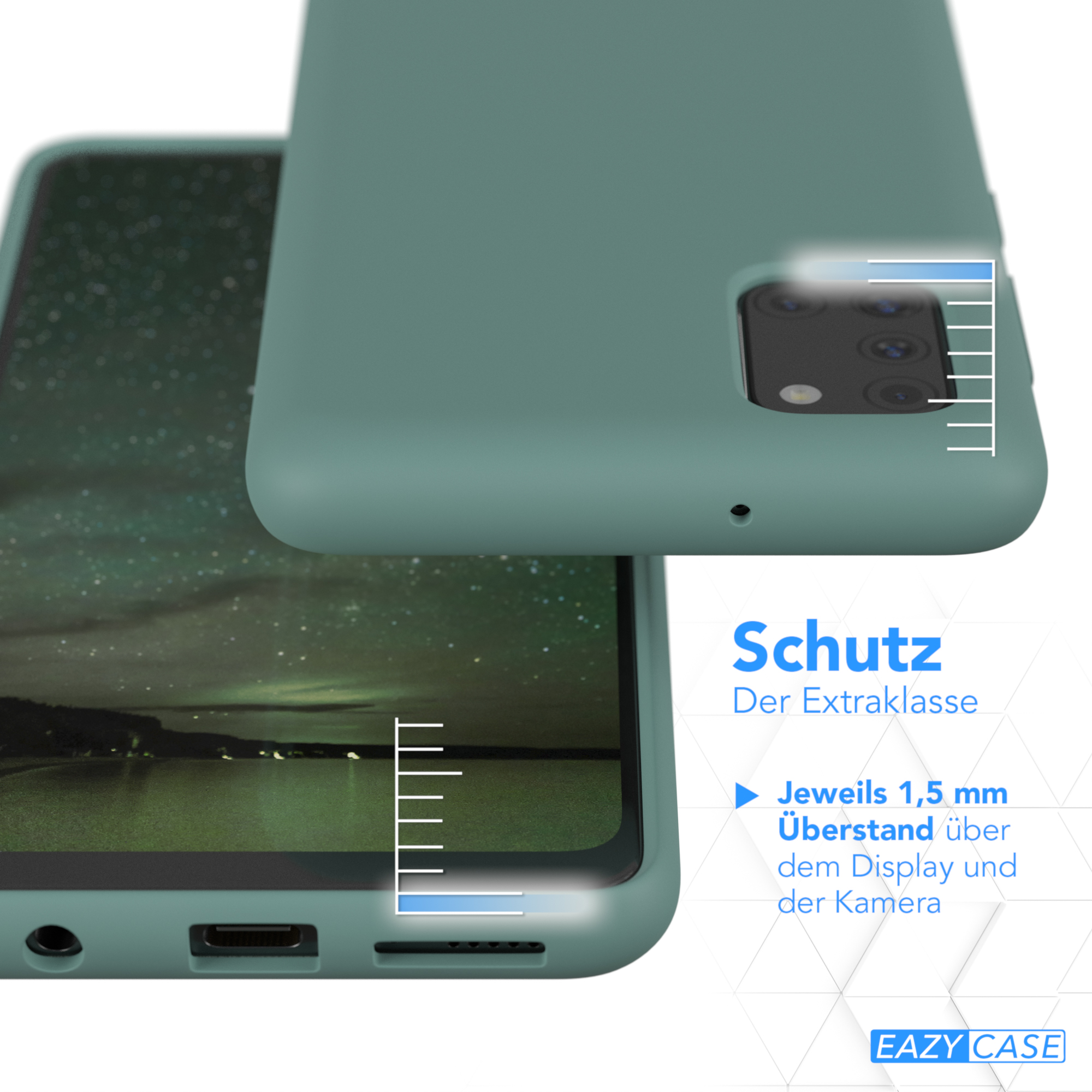 Grüne Handyhülle über einem Landschaftsbild. Schutzdetails mit blauen Markierungen angezeigt.