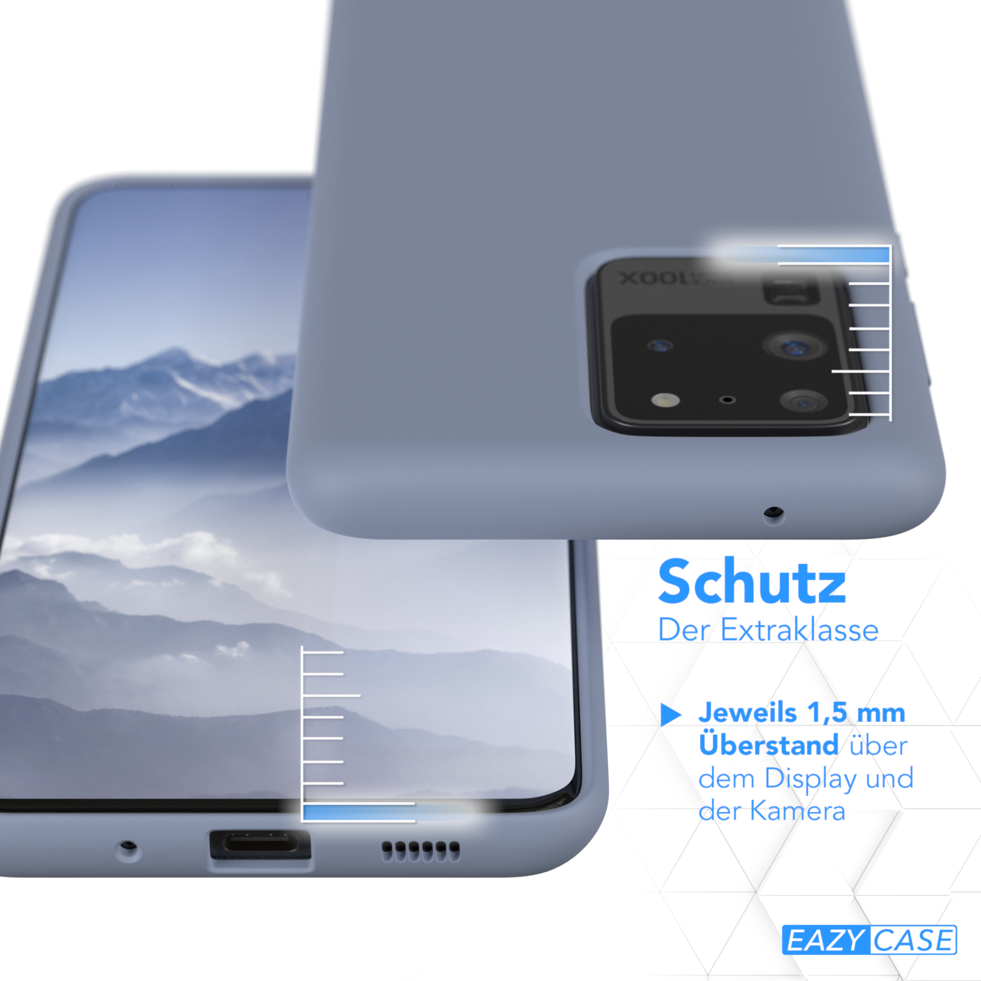 Blaue Handyhülle schützt ein Telefon. Zeigt die Kanten der Hülle und den Abstand zu Bildschirm und Kamera.