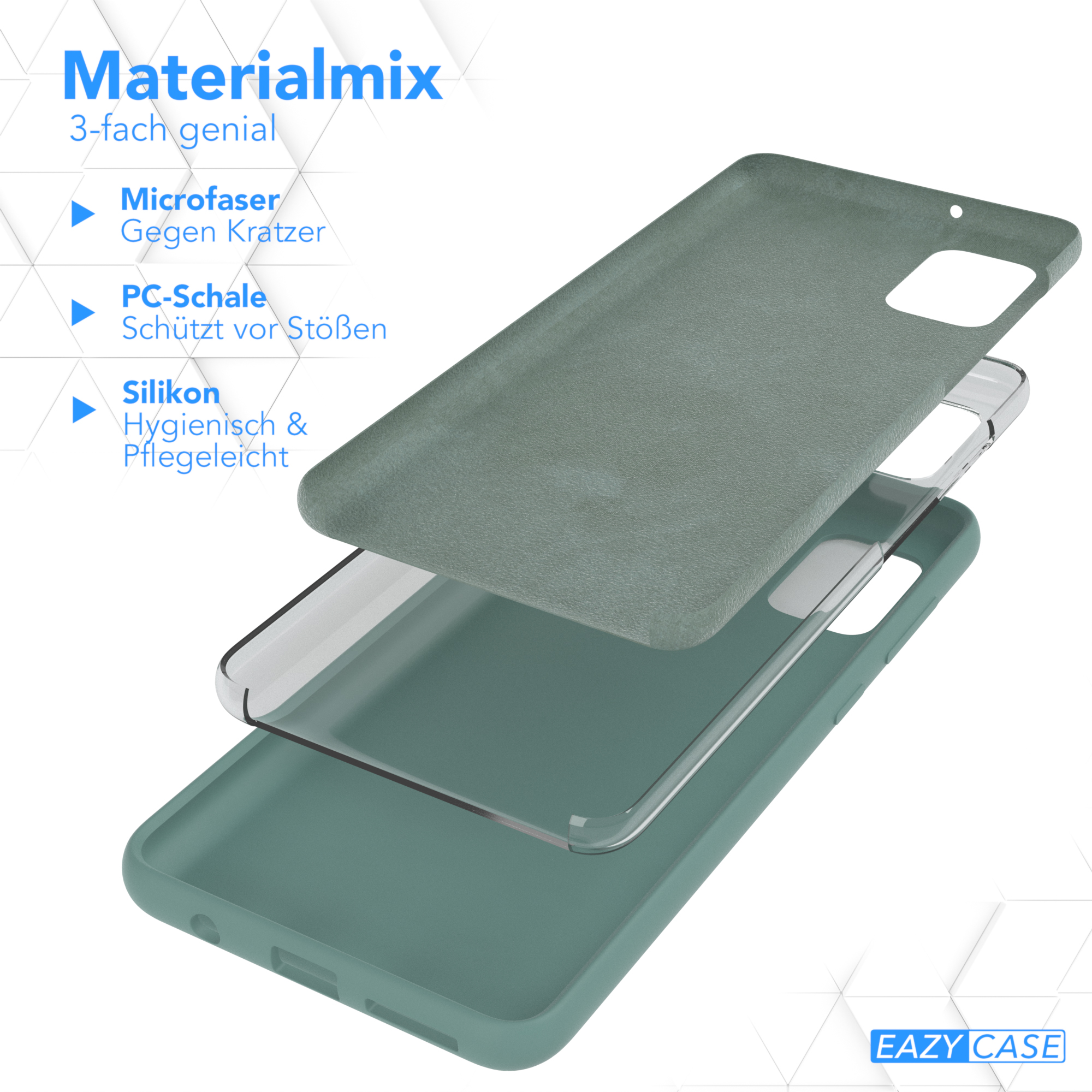 Handyhüllen-Schichten. Mikrofaser, PC-Schale und Silikonschichten, grüne Farbe.