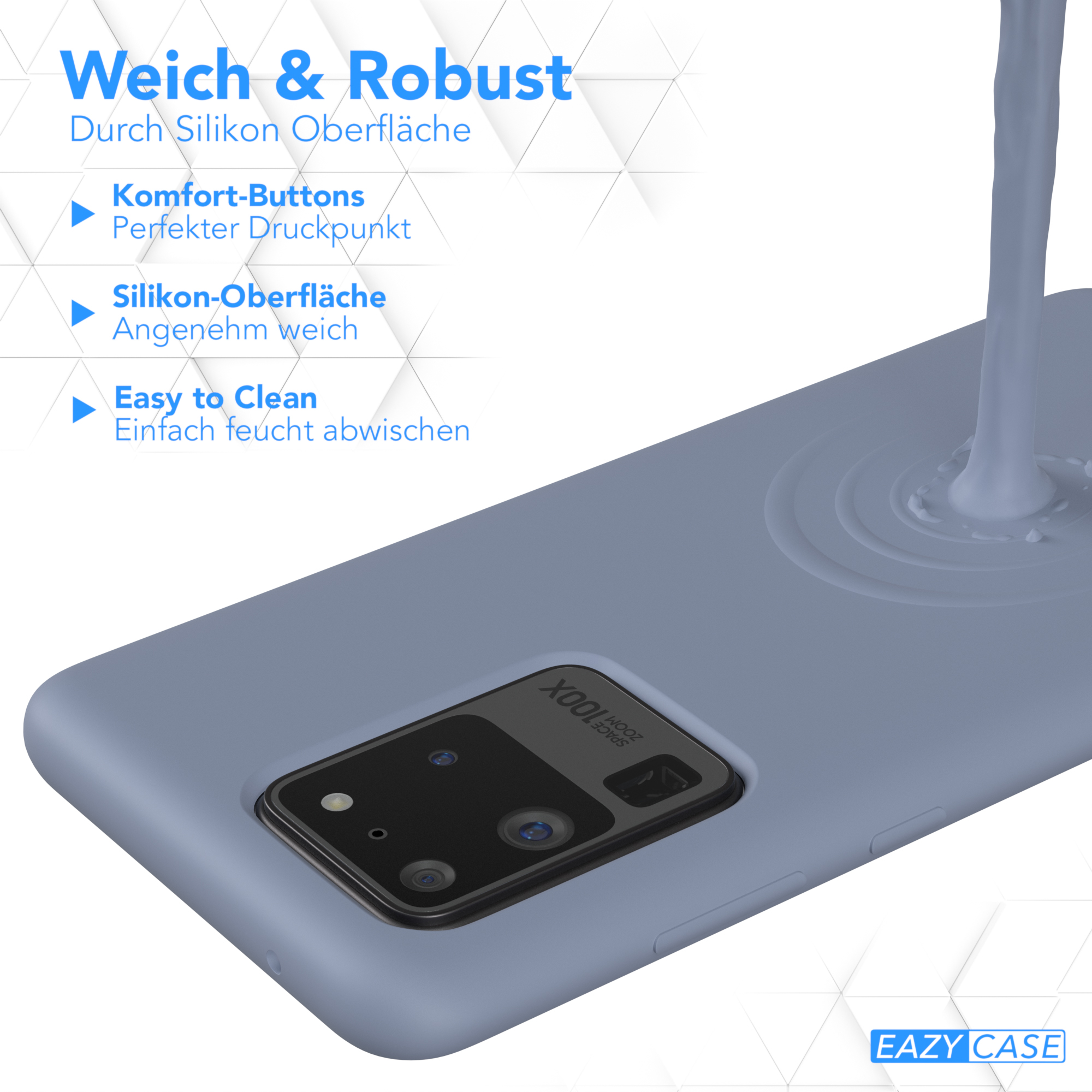 Eine blaue Handyhülle, auf die eine blaue Flüssigkeit gegossen wird, mit Komfort-Tasten.