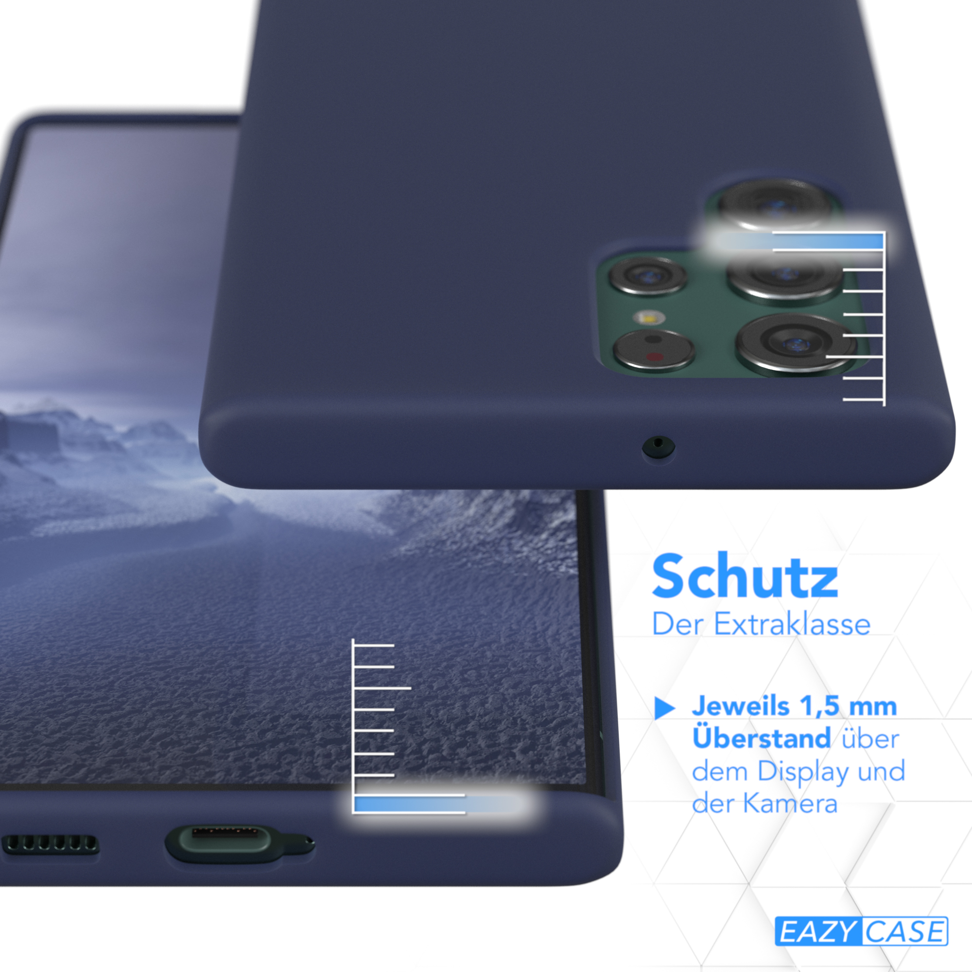 Eine dunkelblaue Handyhülle mit offenem Cover. Text über Schutz.