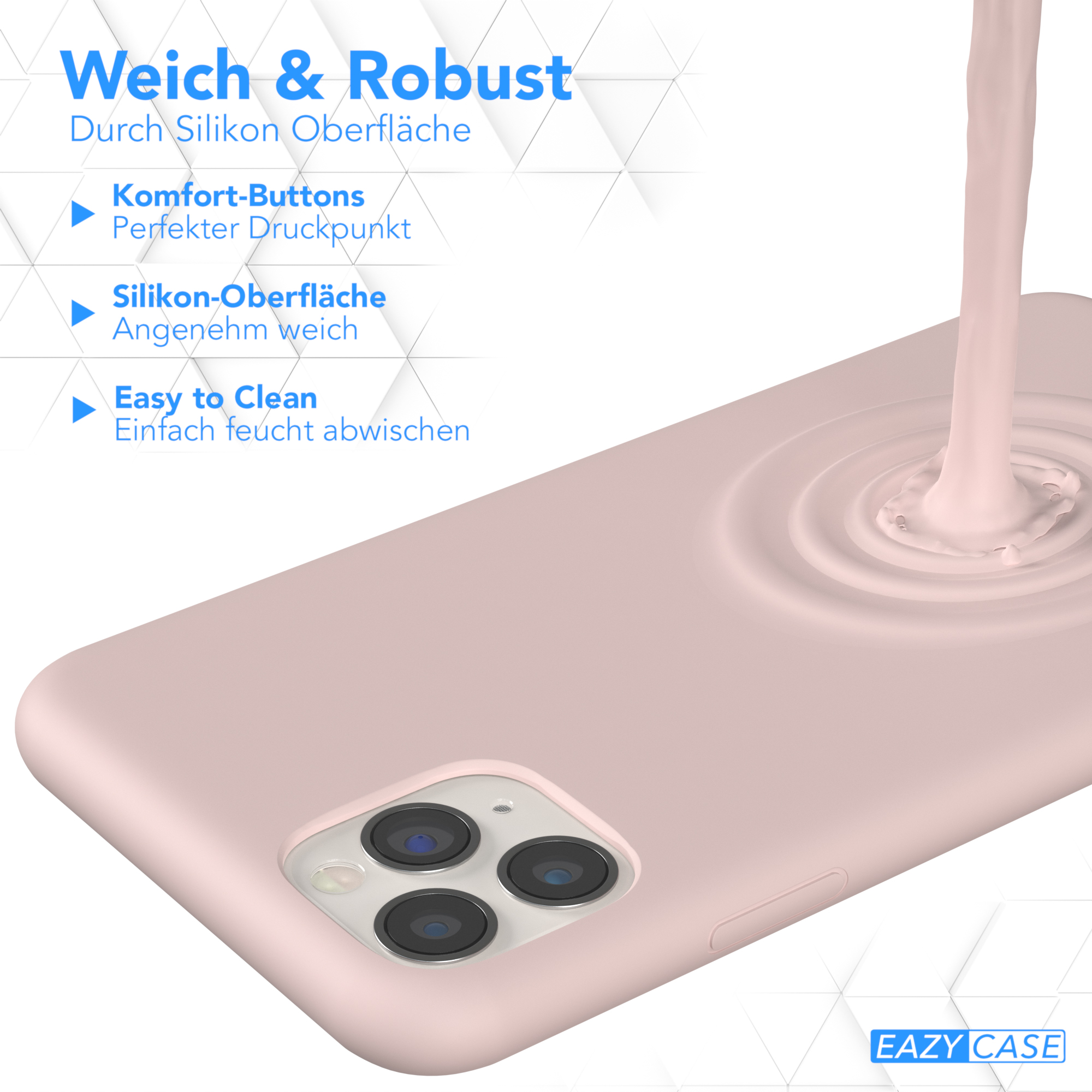 Rosa Handyhülle mit Flüssigkeitsspritzer. Text: Weich & Robust, Easy to Clean. EAZY CASE Logo.