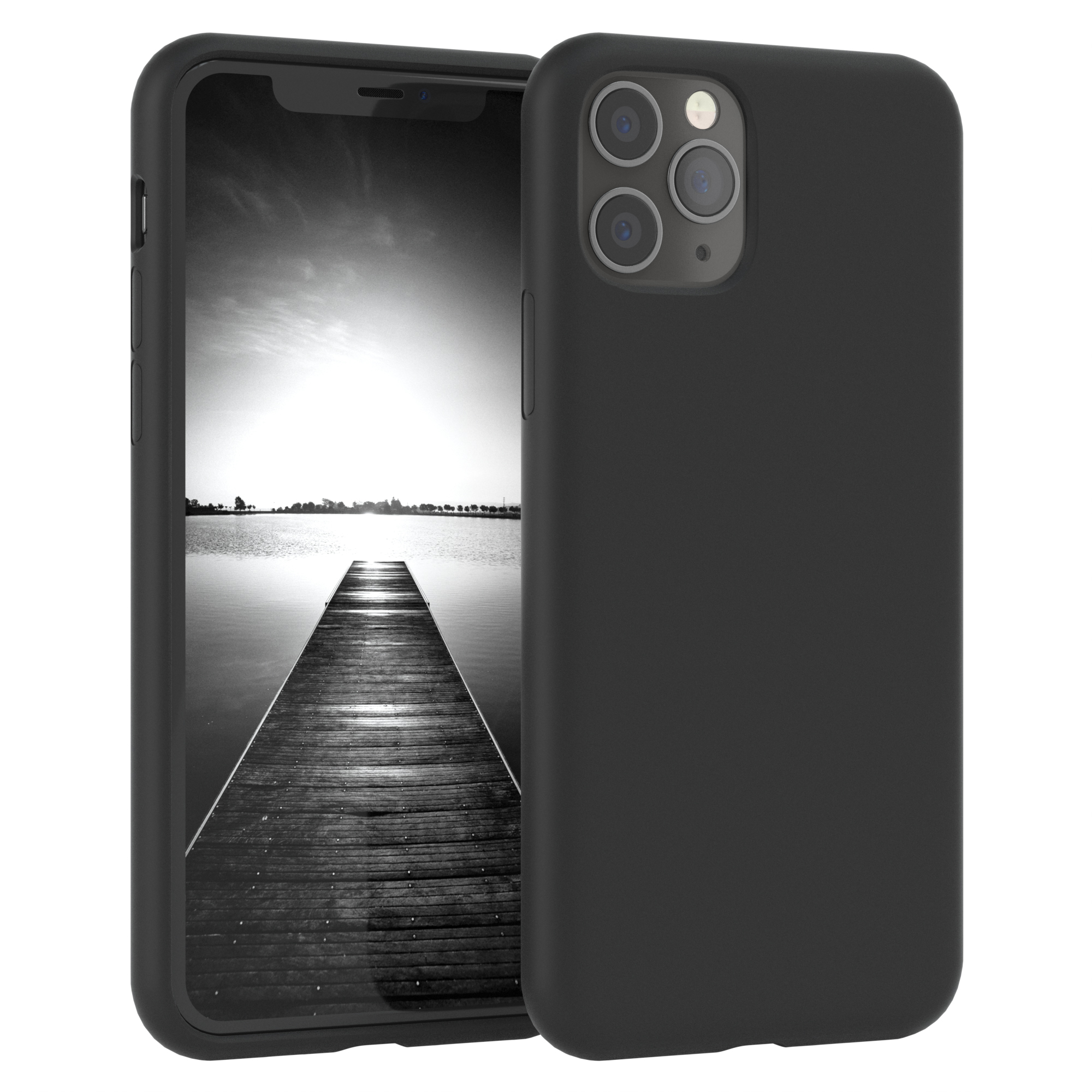 Schwarze Handyhülle mit einem Telefon, das einen Schwarz-Weiß-Pier und Wasser zeigt.