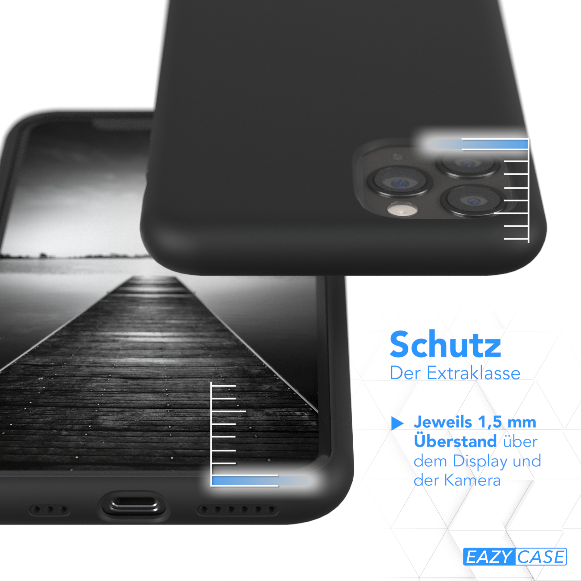 Schwarze Handyhülle auf einem Handy. Die Hülle hat Text. Das Handy hat ein Display.