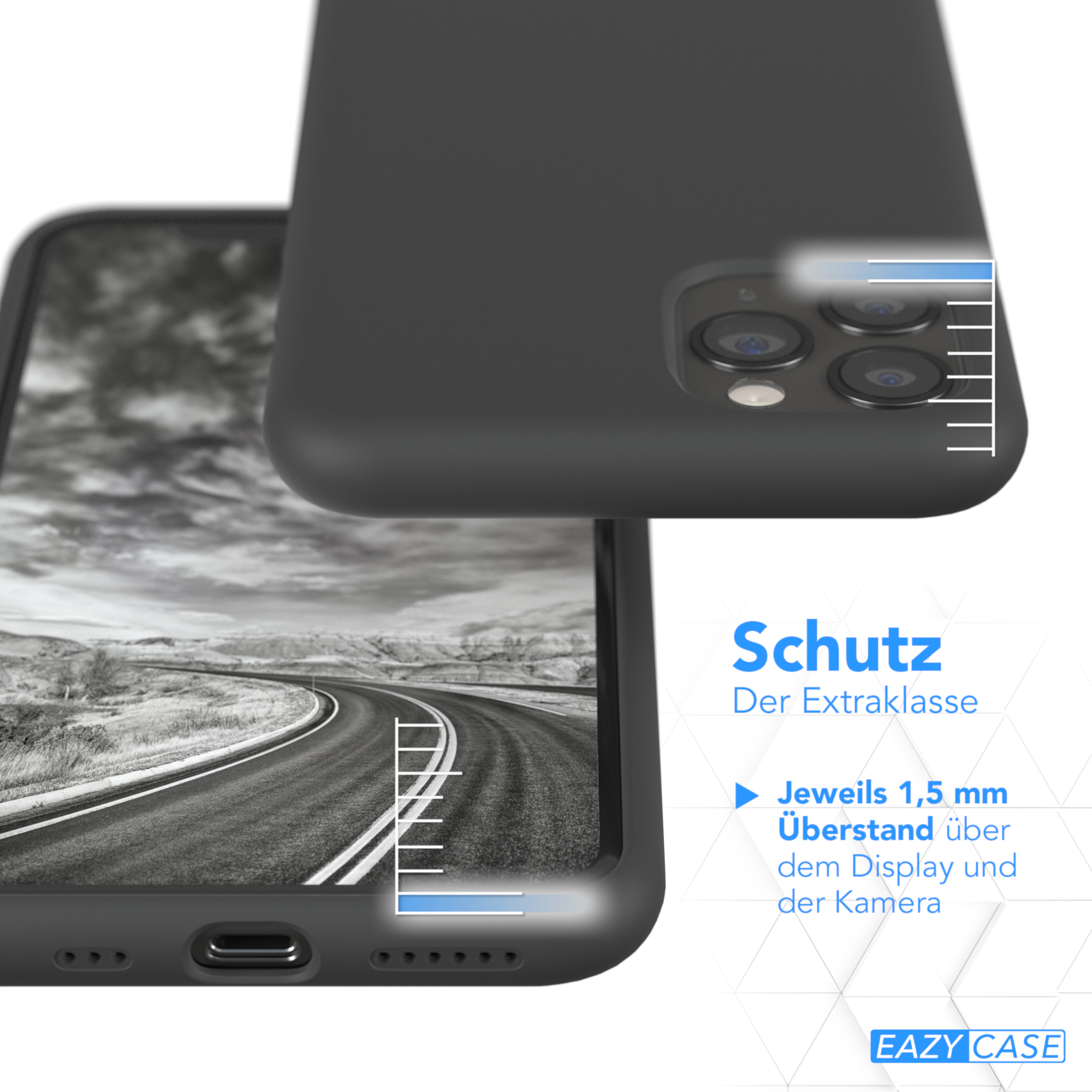 Schwarze Handyhülle auf einem Telefon. Text sagt Schutz und zeigt Details.