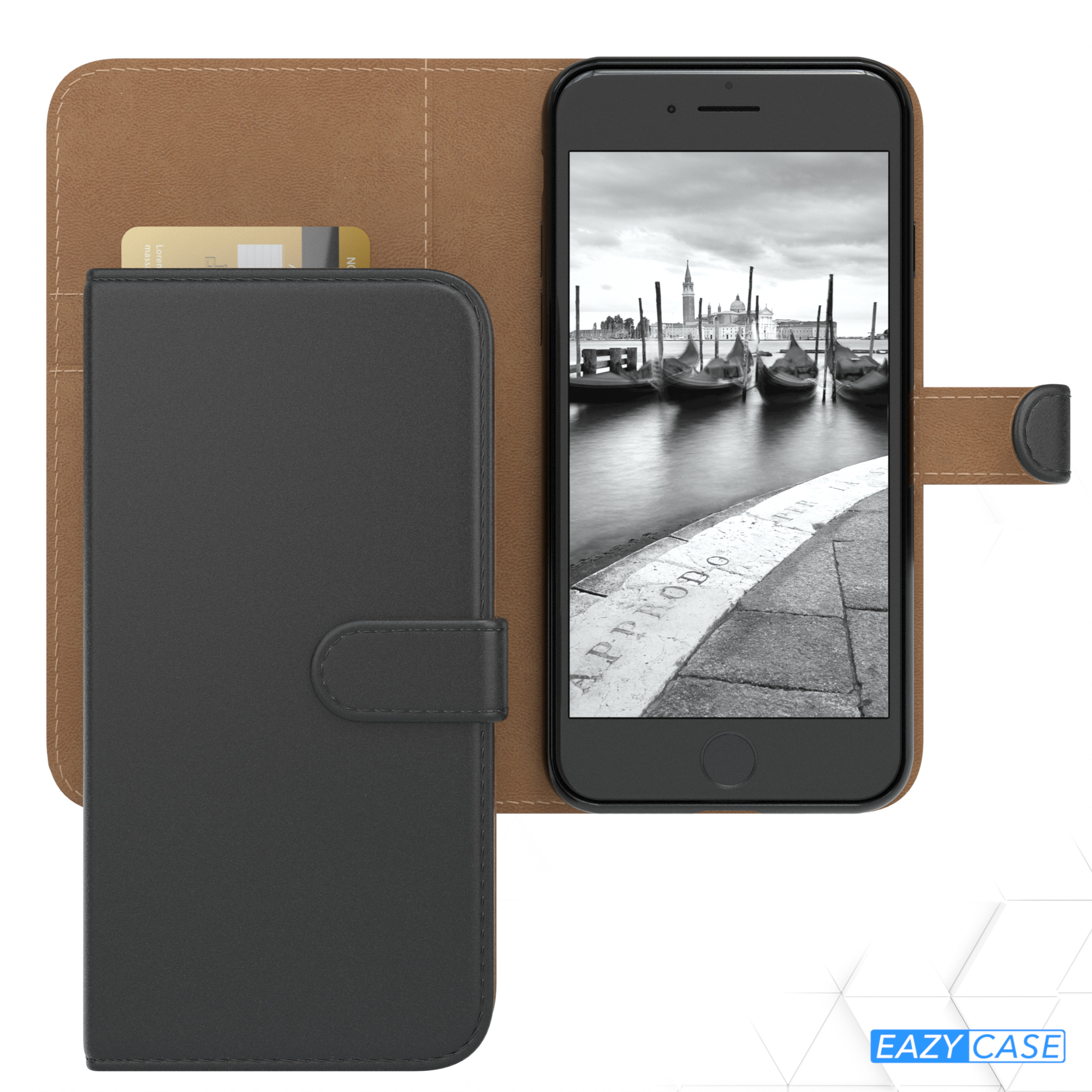 Schwarzes Telefon in einer schwarz-braunen Brieftasche, mit einer schwarz-weißen venezianischen Szene auf dem Bildschirm.