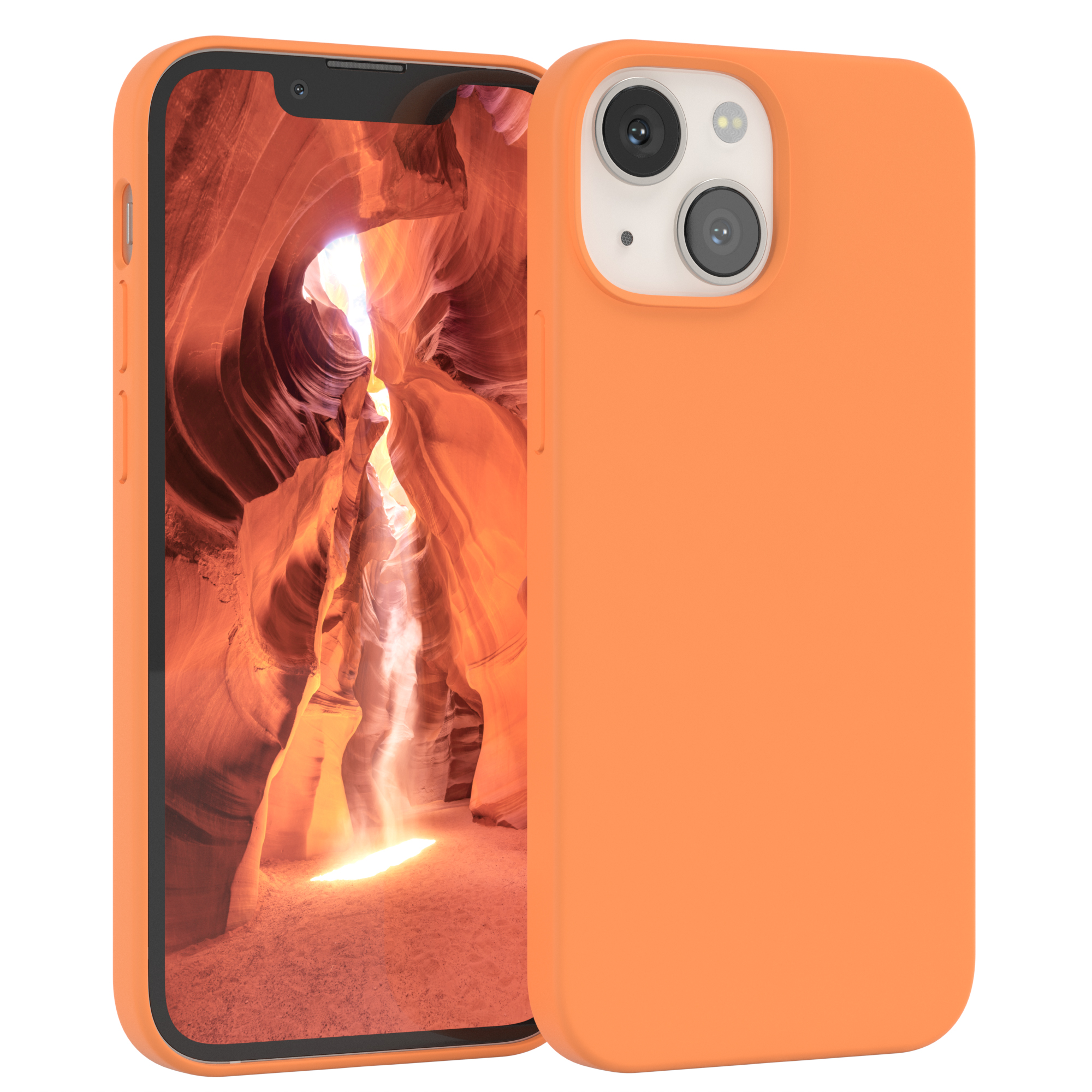 Zwei Telefone, eines mit orangefarbenem Gehäuse, das andere zeigt eine Canyonlandschaft.