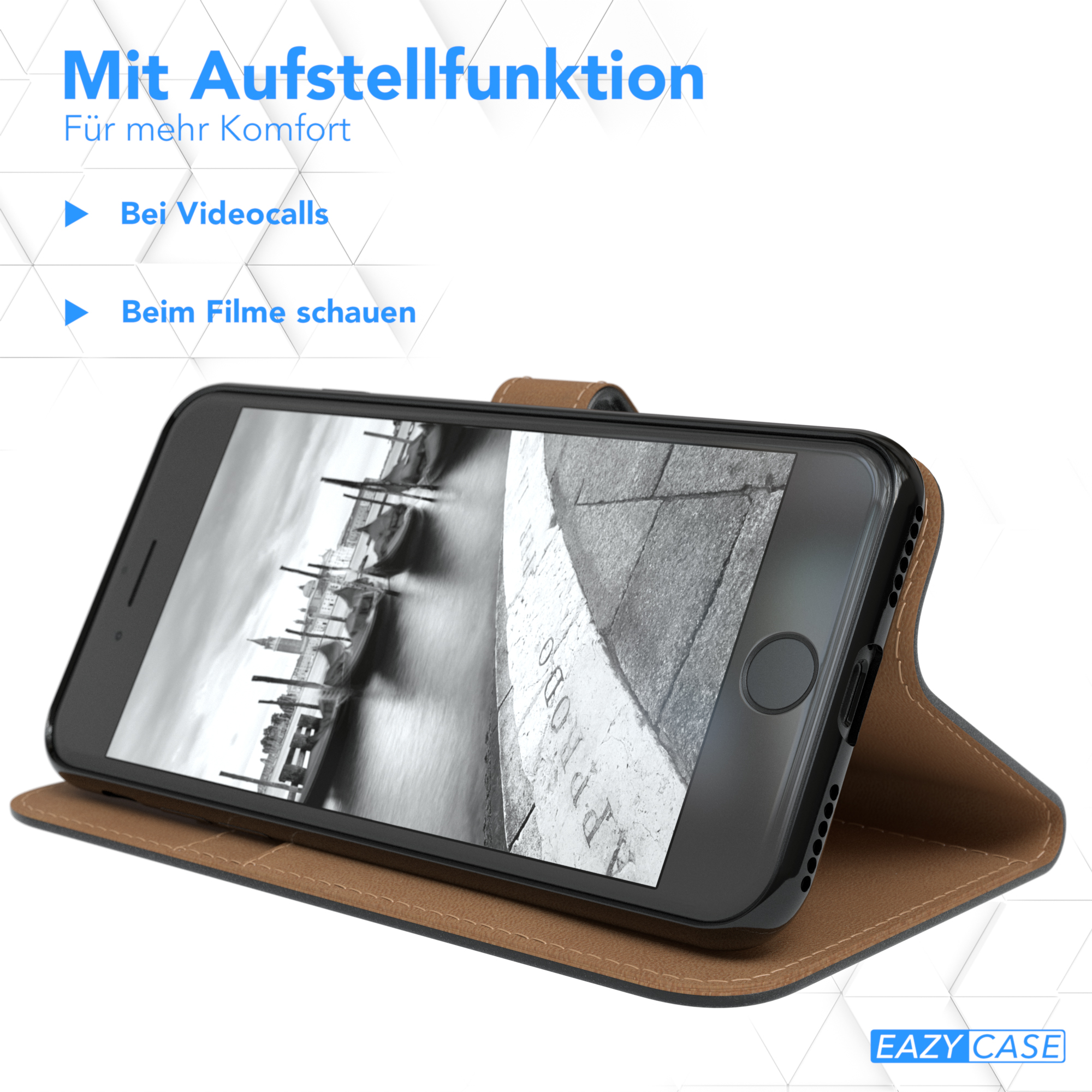 Telefon in brauner Hülle, geöffnet, um den Bildschirm zu zeigen.