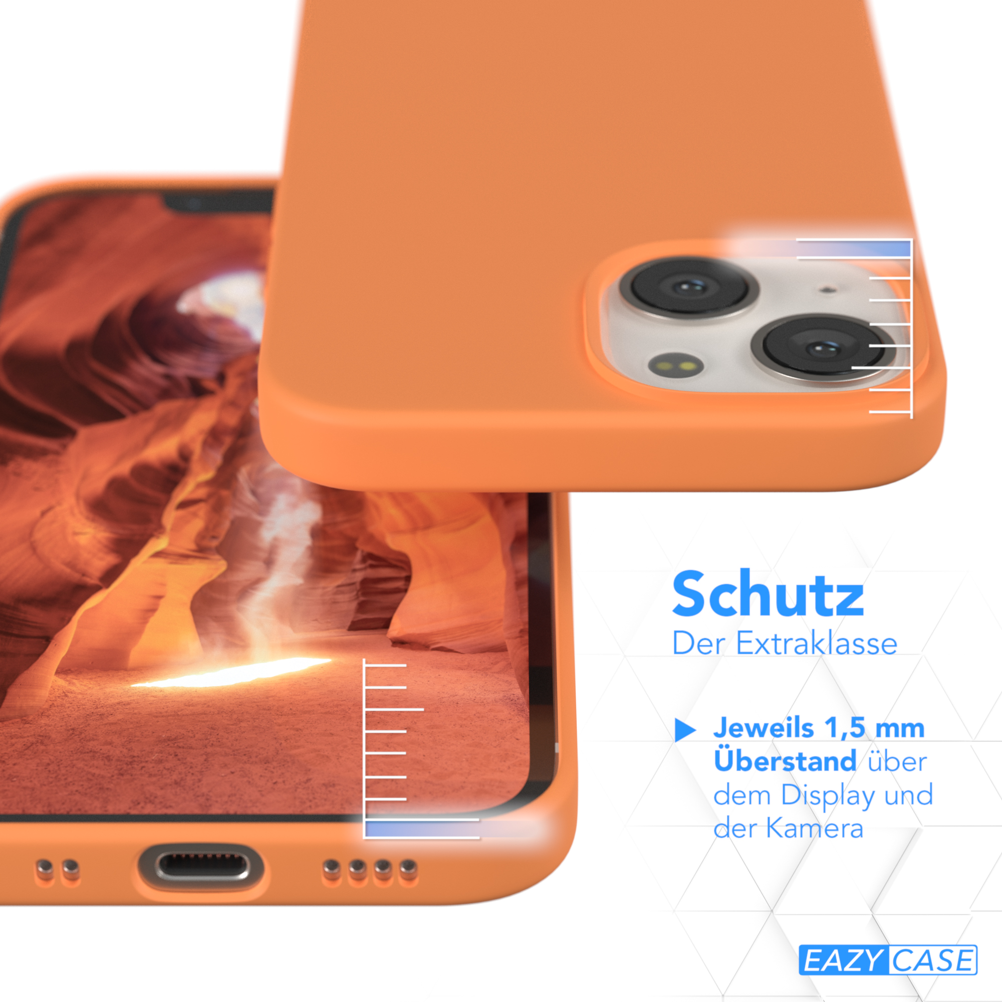 Orangefarbene Handyhülle und Handy. Die Hülle bedeckt das Handy. Das Handy ist orange. Der Hintergrund ist weiß.