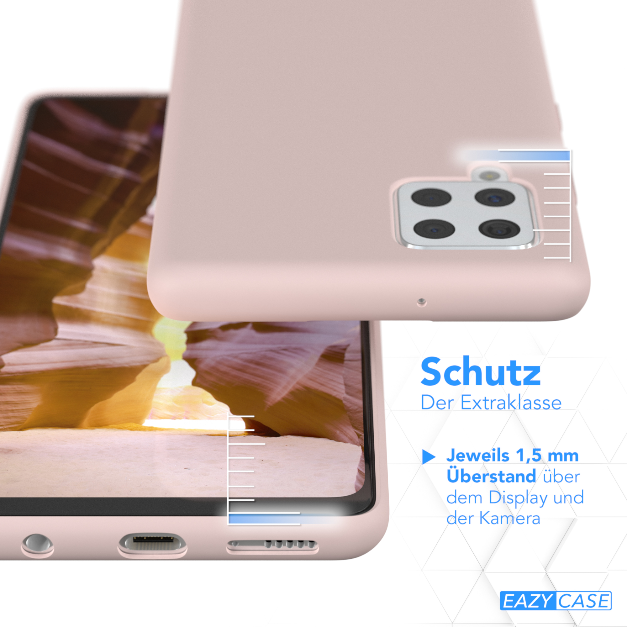 Eine rosa Handyhülle. Text: Schutz. 1,5 mm über Display und Kamera.