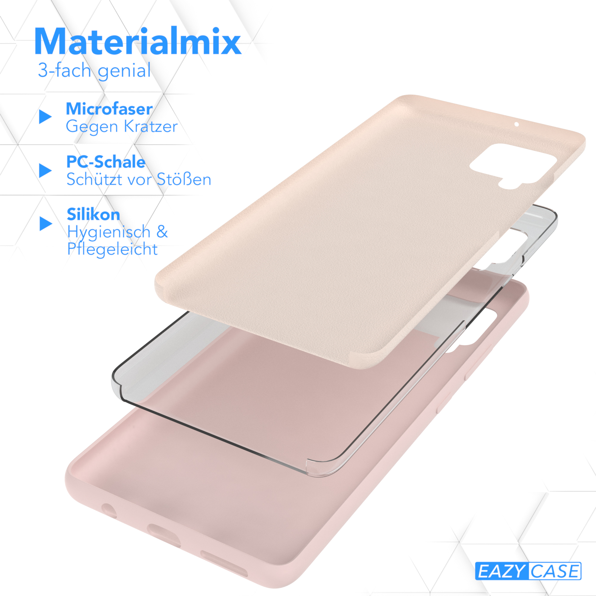 Geschichtete Handyhüllenkomponenten. Rosa Hülle mit Mikrofaser-, PC- und Silikonschichten.