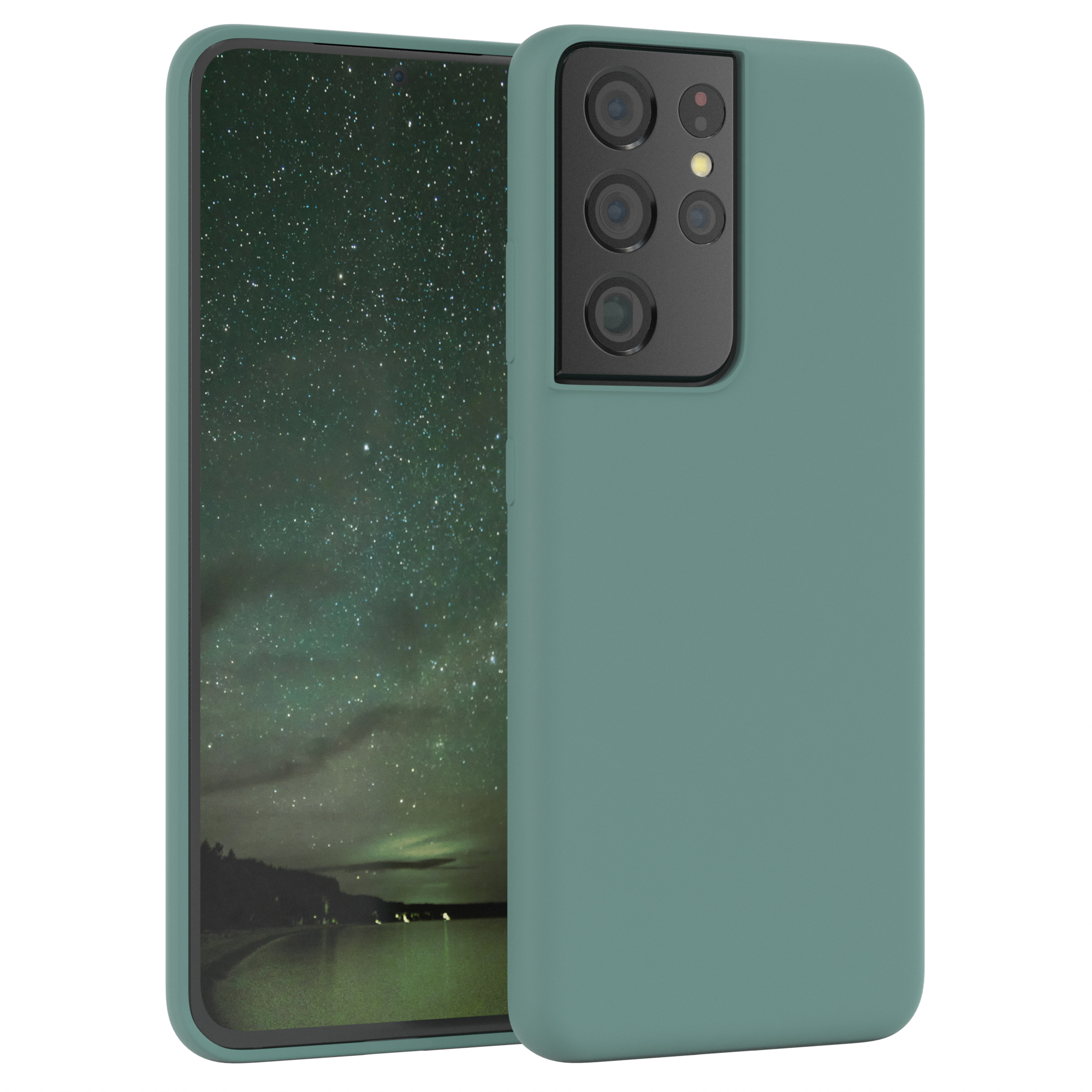 Grüne Handyhülle mit einem Telefon, das eine Sternennachtszene zeigt.