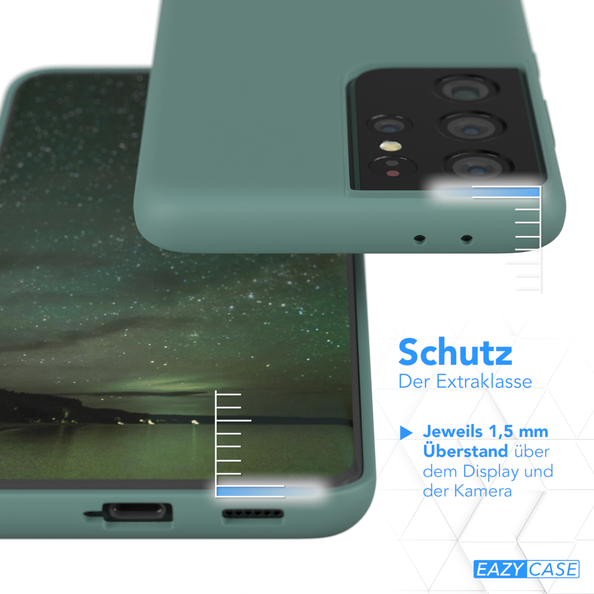 Nahaufnahme einer Handyhülle, die ein Telefon schützt. Die Hülle hat erhöhte Kanten für Display und Kamera.