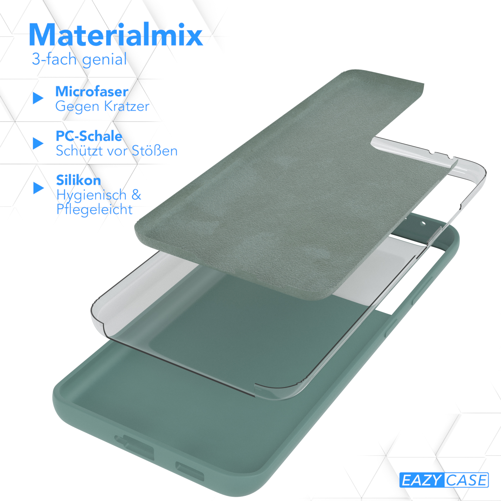 Diagramm zeigt eine Handyhülle mit drei Schichten: Mikrofaser, PC-Schale und Silikon.