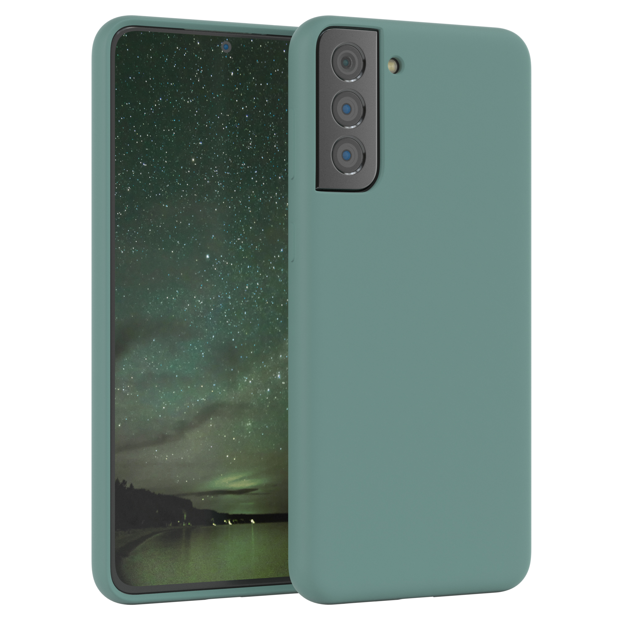 Grünes Telefon mit Hülle, zeigt eine Sternennachtszene. Die Hülle ist grün.