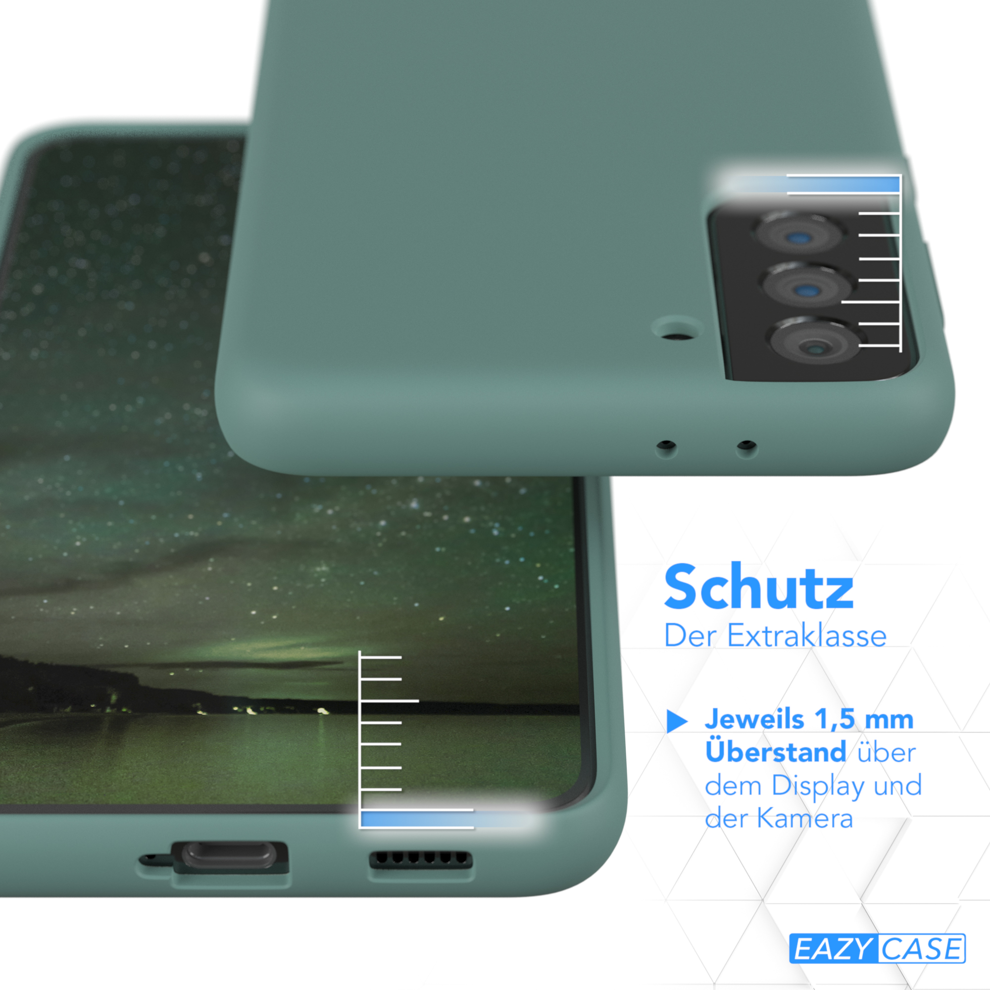 Eine tealfarbene Handyhülle, mit Nahaufnahme der Kamera und der Hülle. Text weist auf 1,5 mm Abstand über dem Display hin.