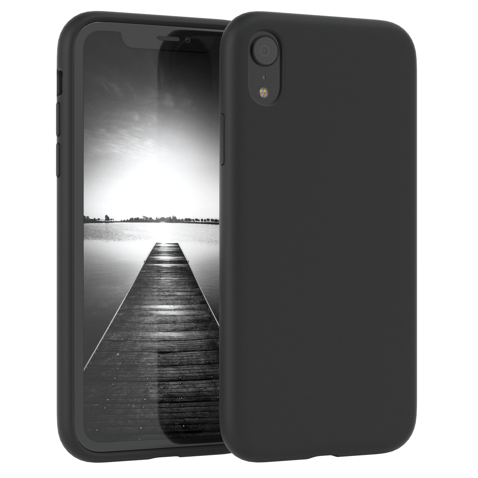 Schwarze Handyhülle mit Telefon, das eine Dock-Szene mit hölzernem Steg zeigt.