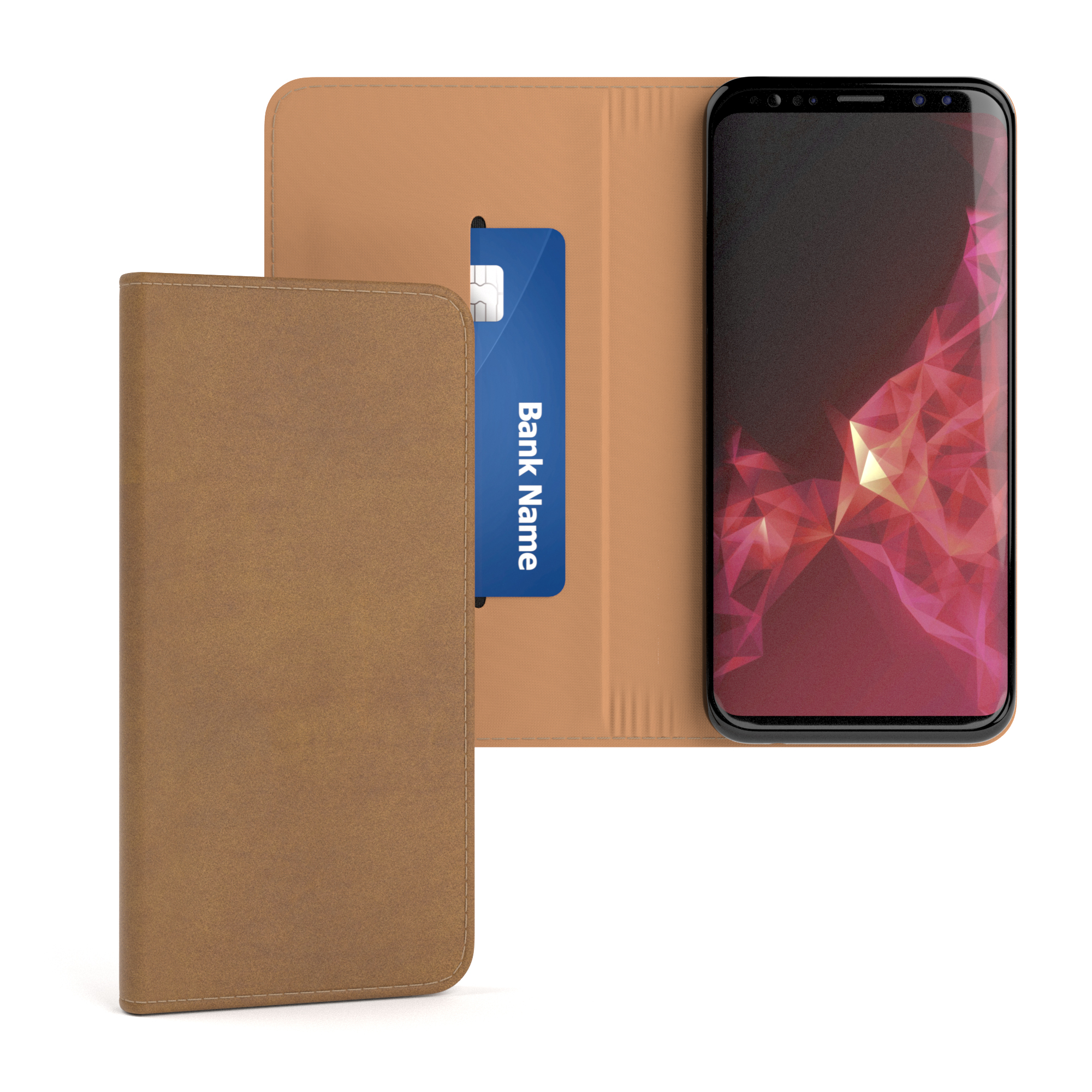 Braune Handyhülle, geöffnet mit Karte und Telefon mit rotem Blumendekor.