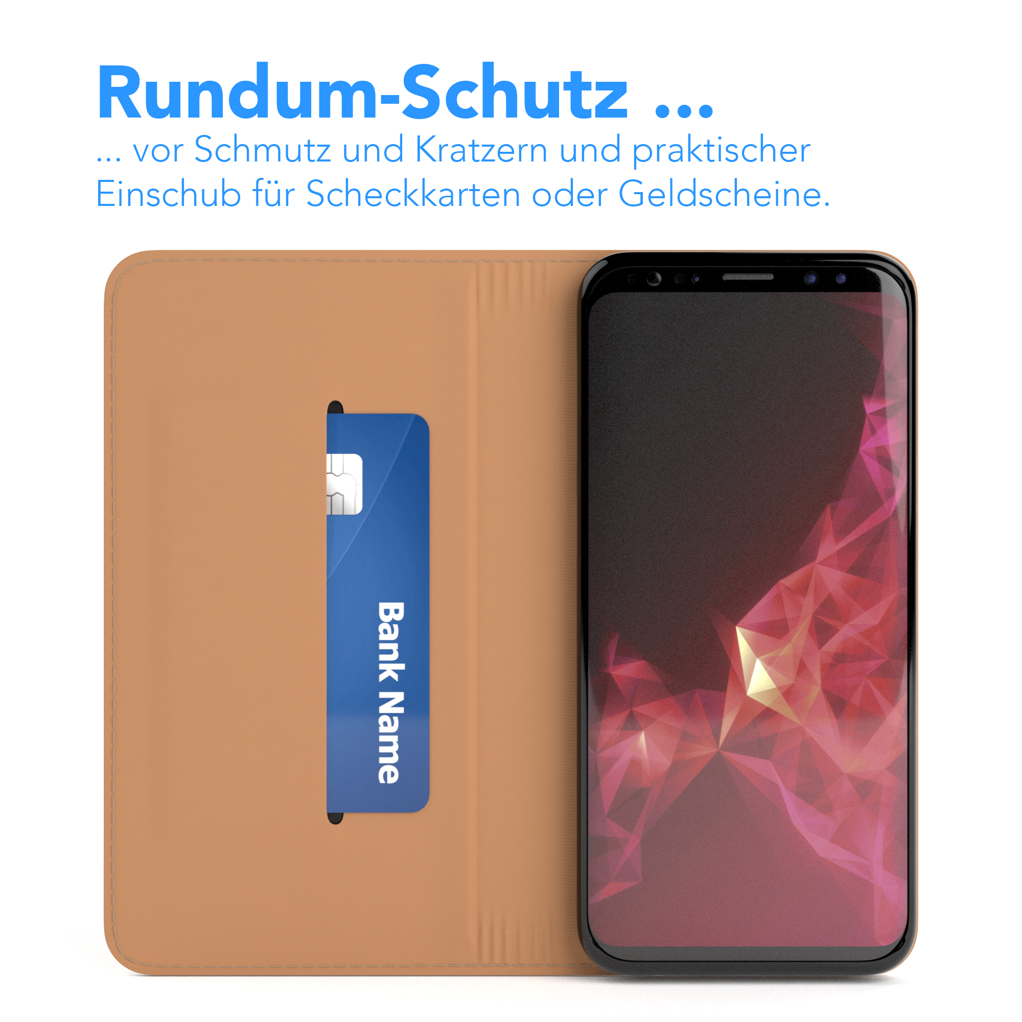 Telefon in brauner Brieftasche mit Kreditkarte. Hintergrund: Stadtansicht.