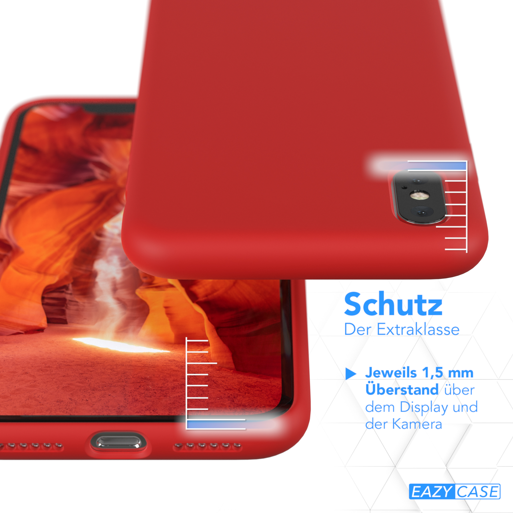 Rote Handyhülle mit Telefon. Schützt Display und Kamera.