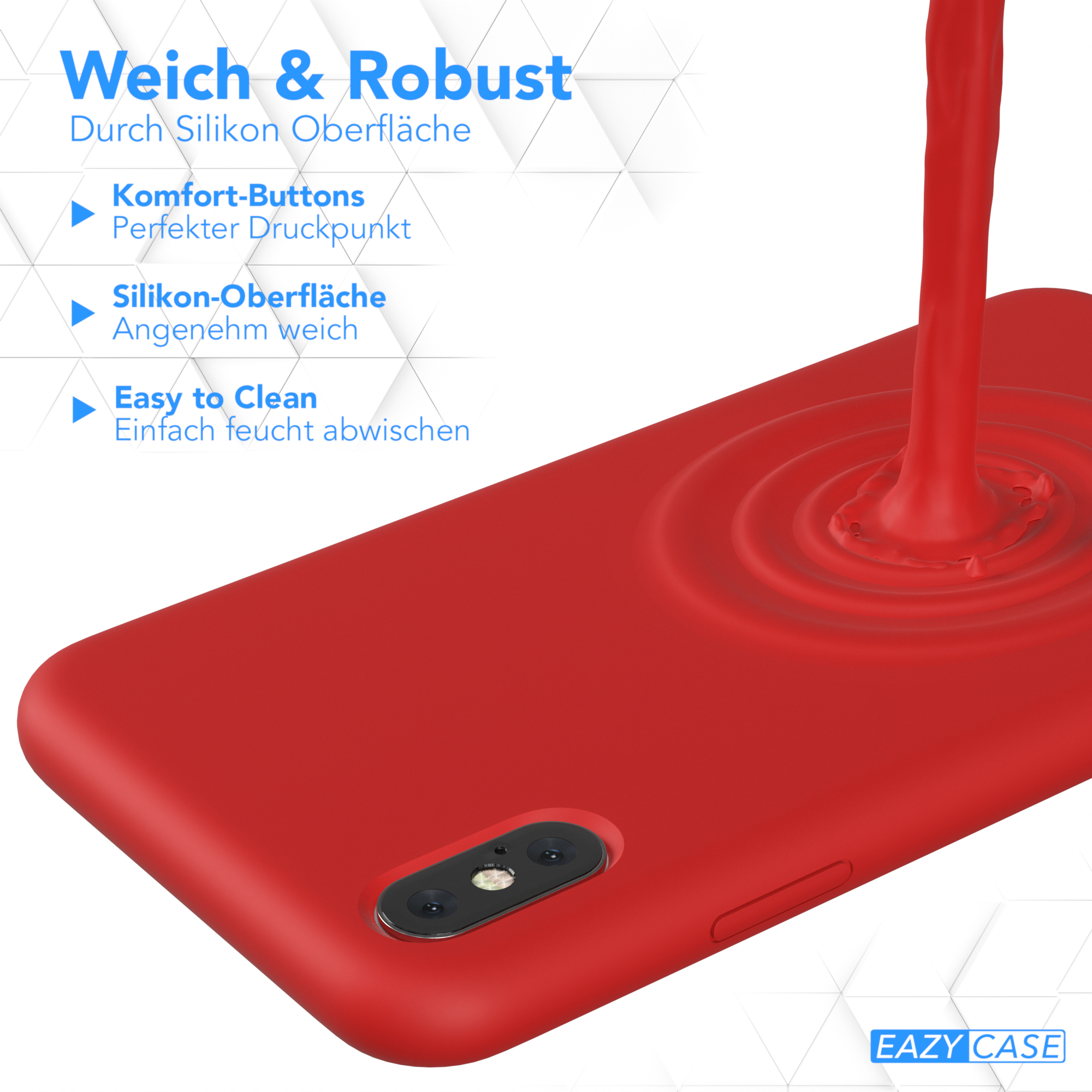 Eine rote Handyhülle mit einem flüssigkeitsartigen Spritzer aus rotem Material. Die Hülle hat ein Kamer Loch.