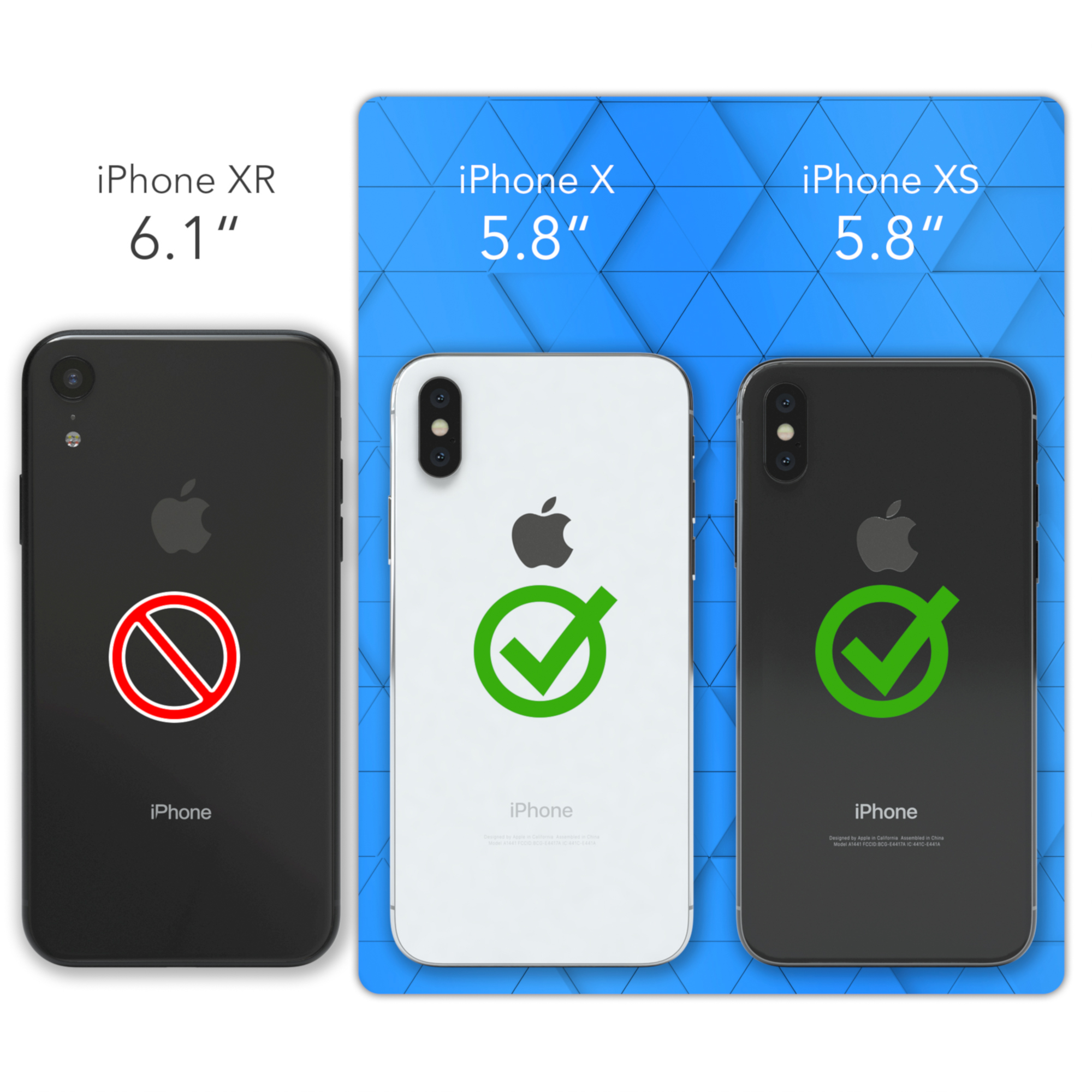 Drei iPhones: XR mit Verbotsschild, X und XS mit grünem Häkchen.