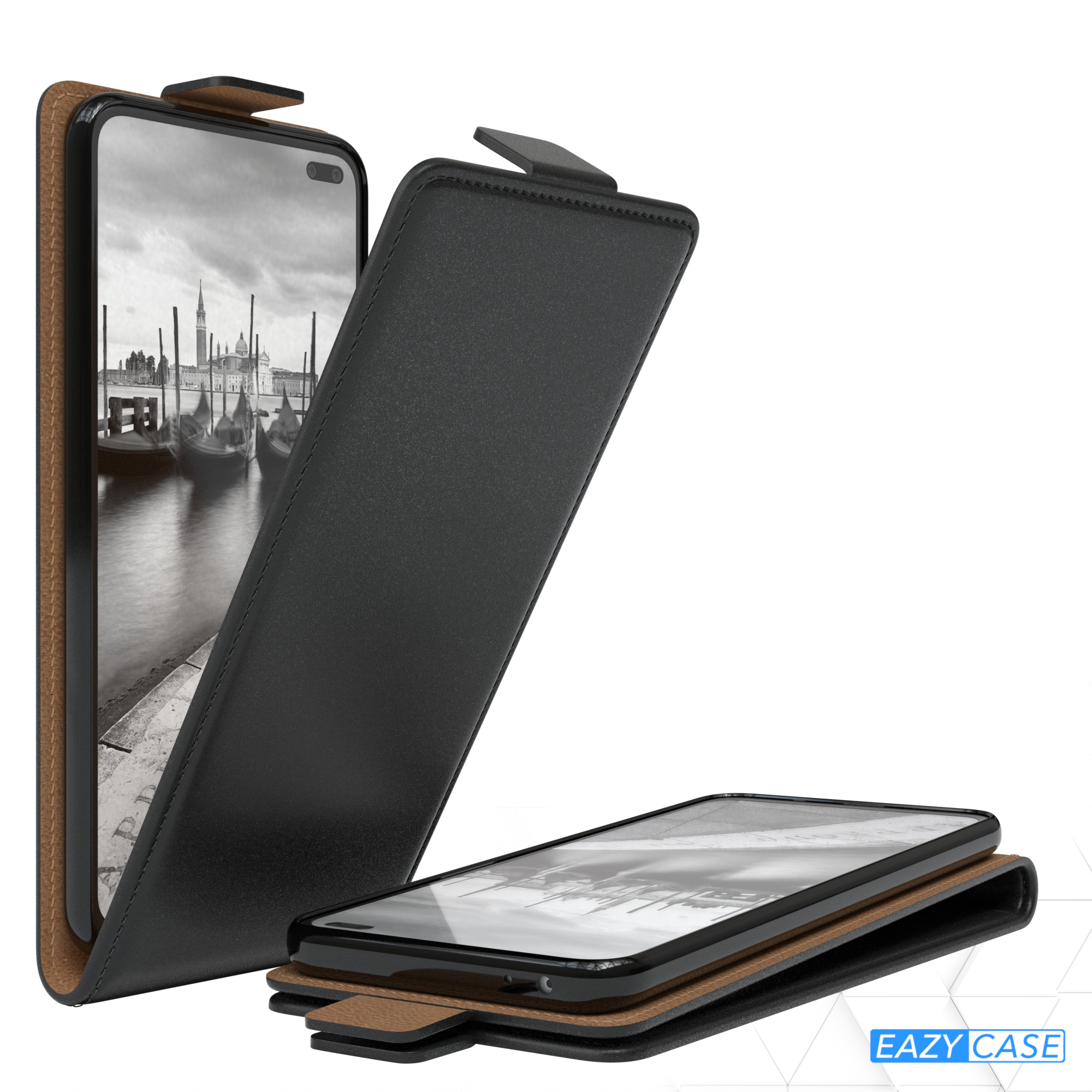 Eine schwarze Handyhülle mit einem Telefon. Die Hülle öffnet sich und gibt das Telefon frei.
