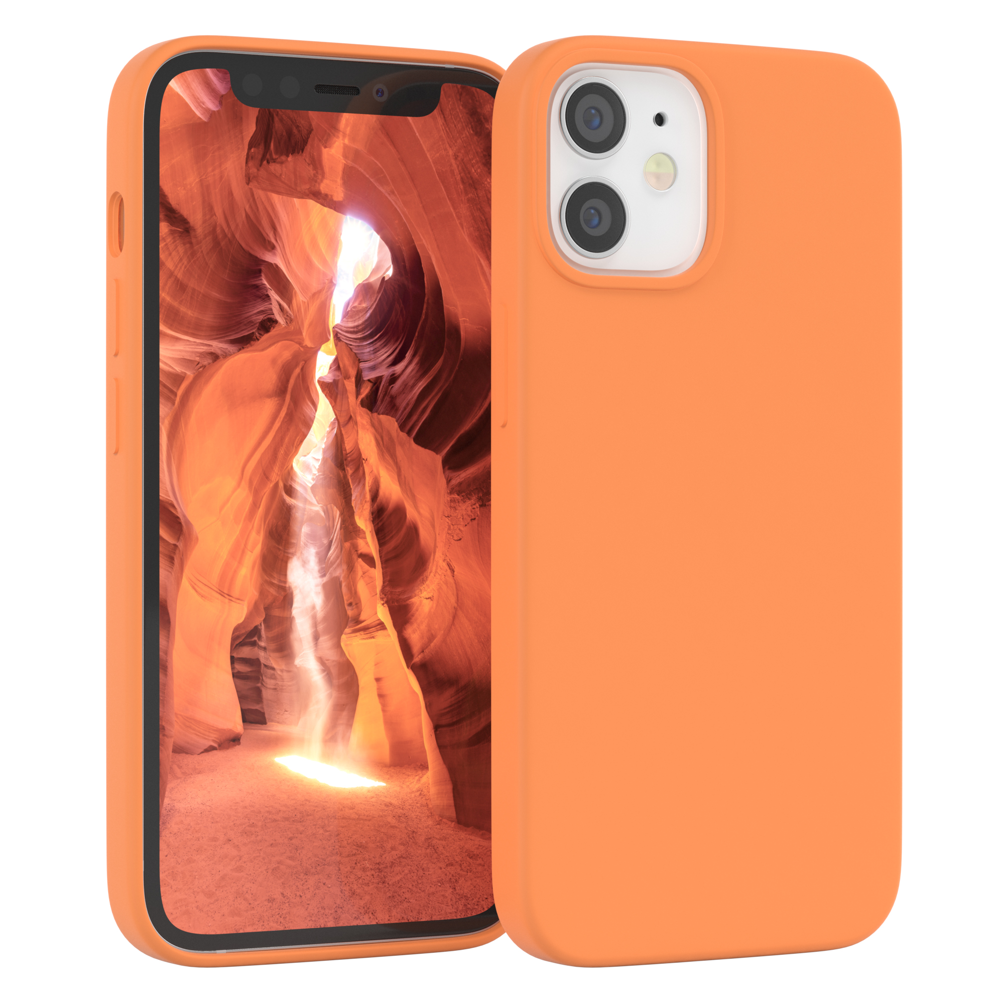 Orangefarbene Handyhülle mit Canyon-Ansicht auf dem Bildschirm.
