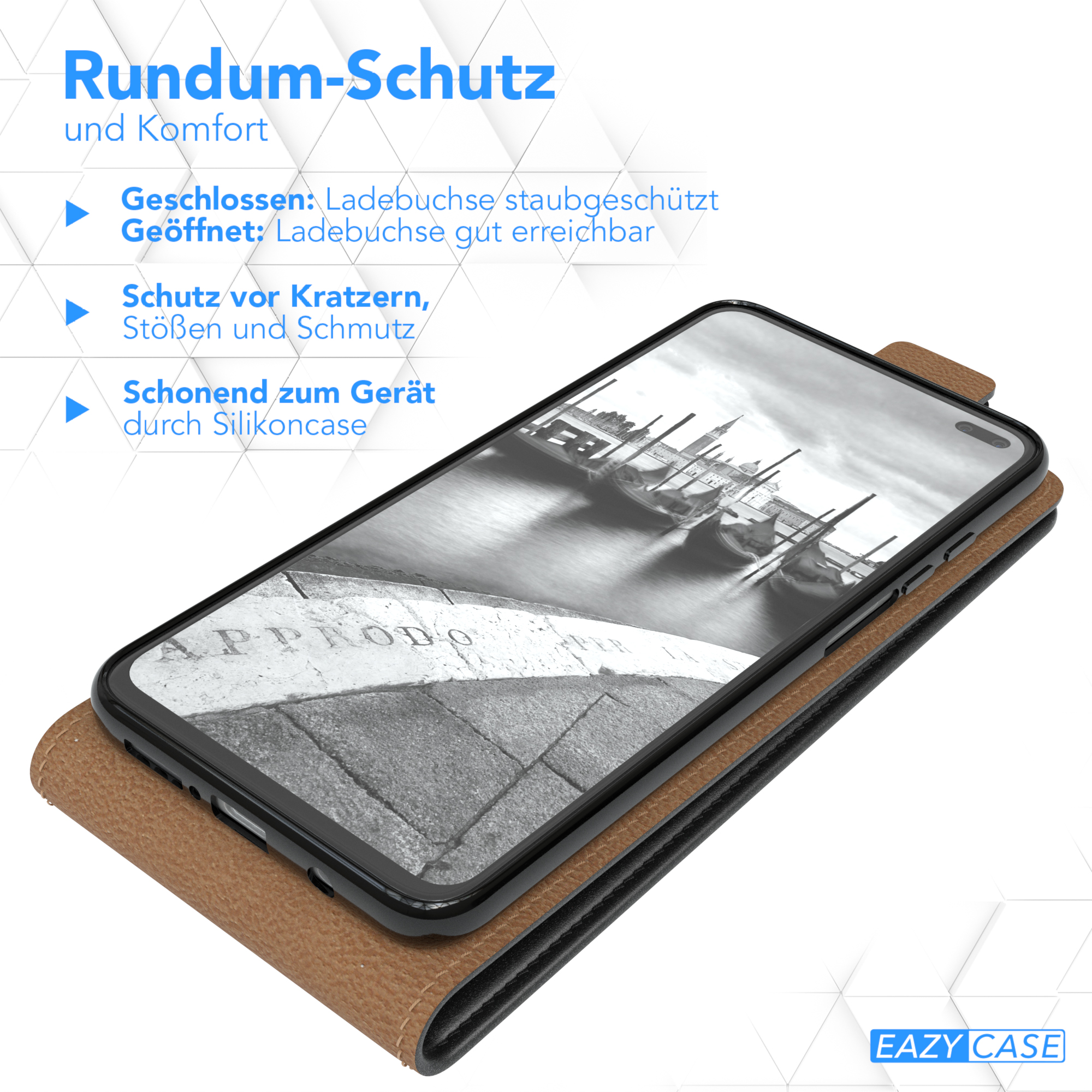 Eine Handyhülle mit einem Telefon darin. Die Hülle ist braun. Das Telefon ist in der Hülle.