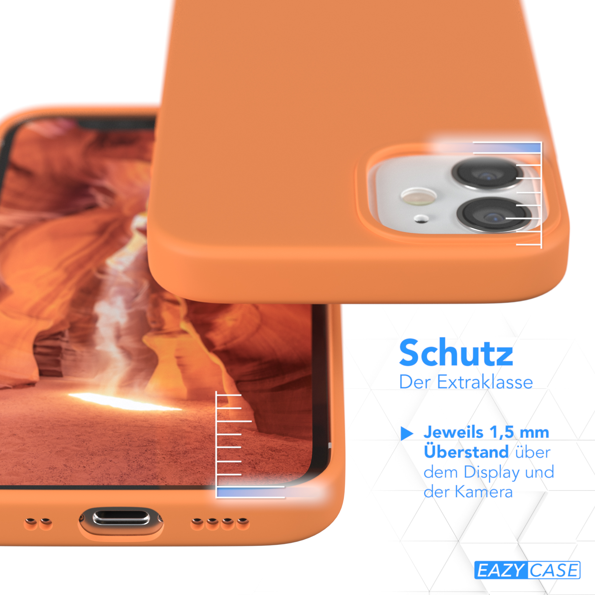 Orange Handyhülle mit Telefon. Blauer Text, weiße Linien.