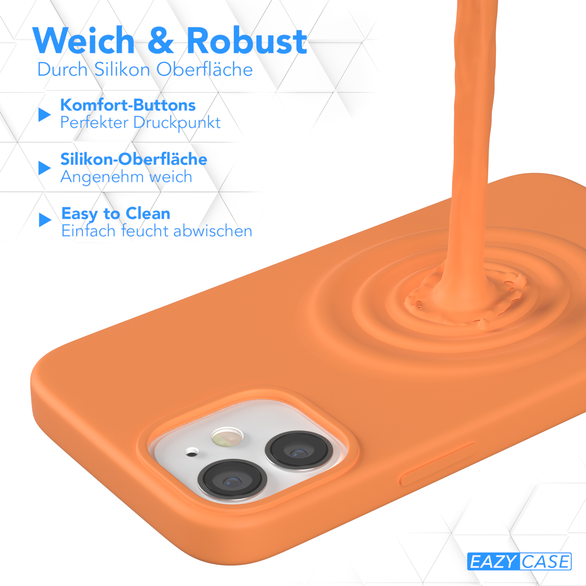 Orange Handyhülle mit Flüssigkeit, die darauf gegossen wird, zeigt Silikonoberfläche.